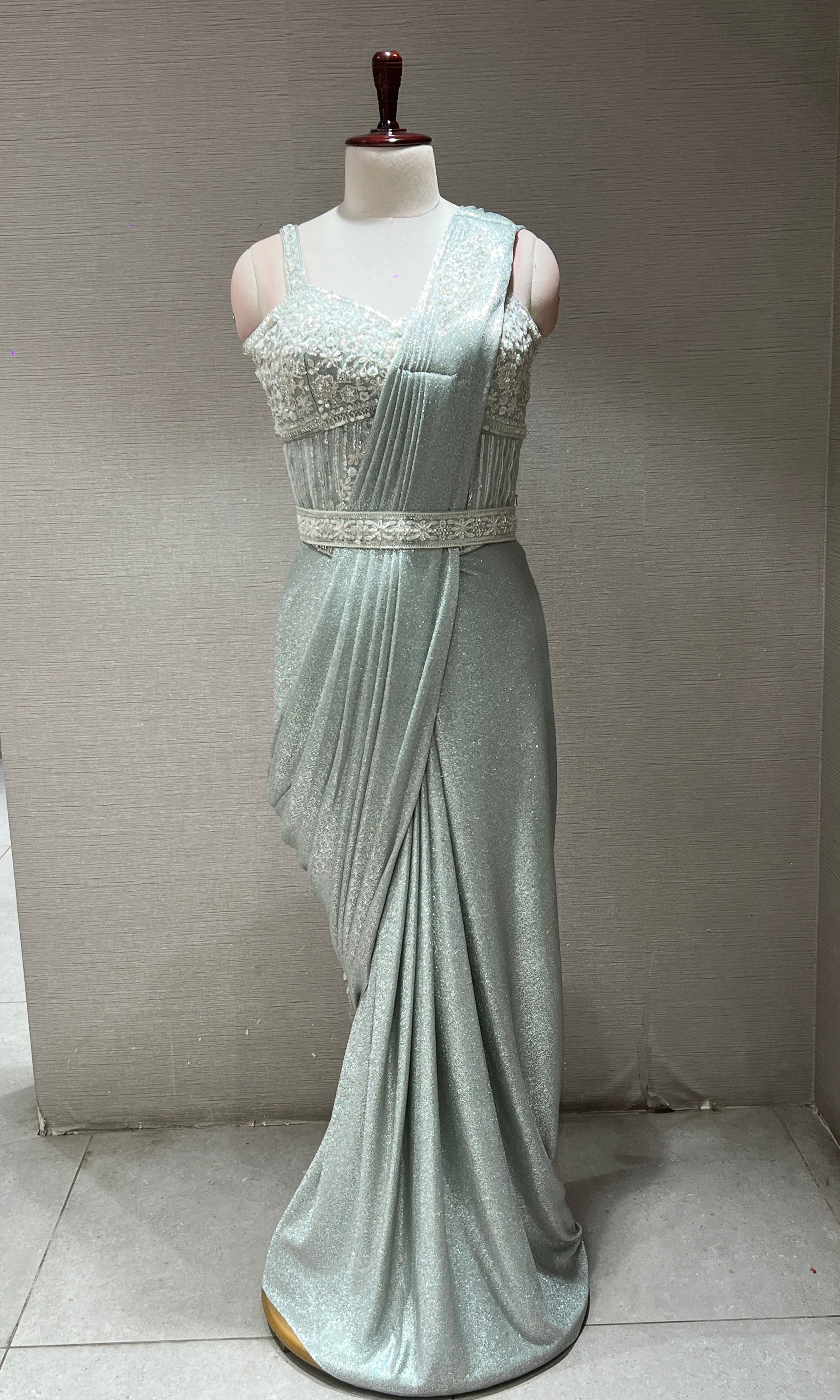 GREEN EMBELLISHED DRAPE SAREE WITH BELT