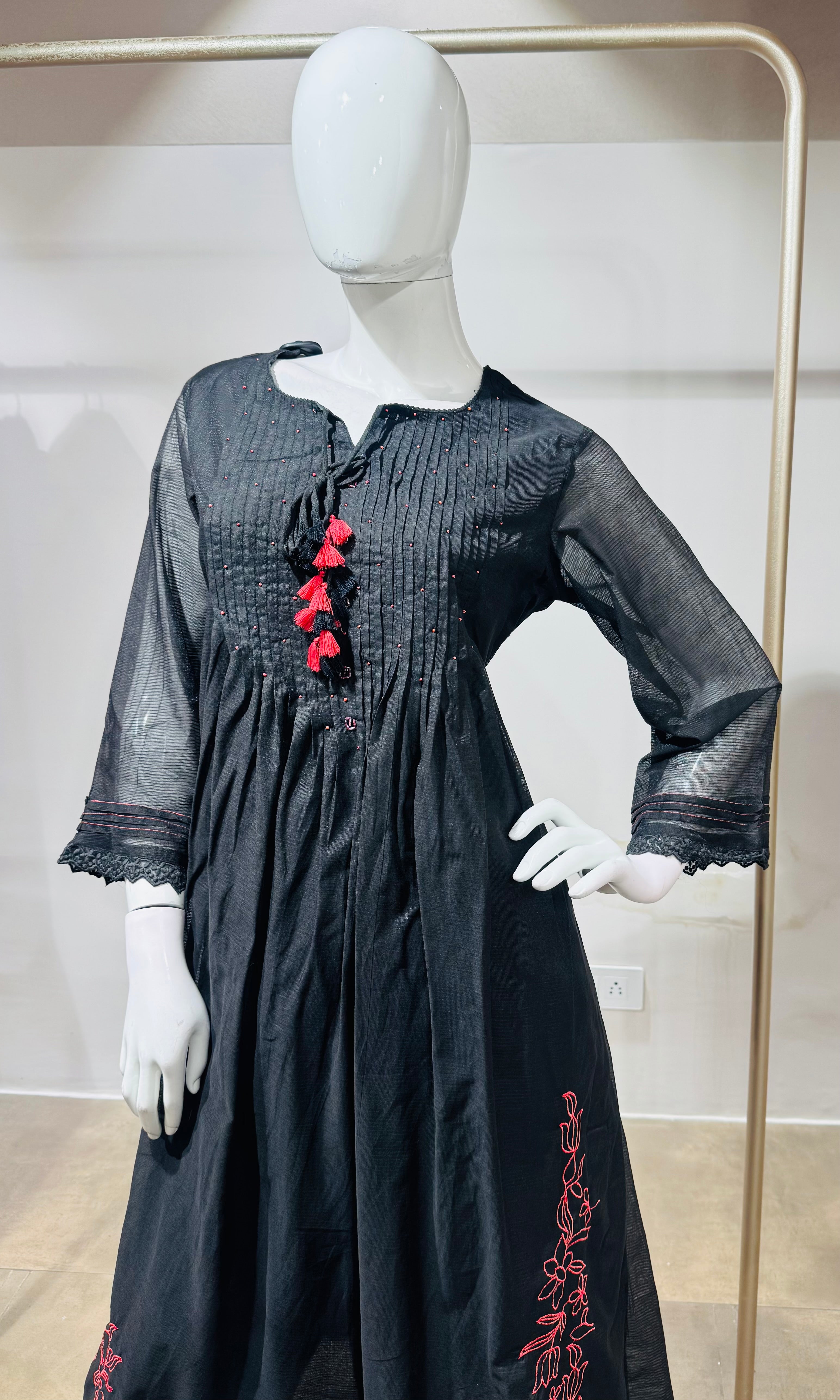 Black Pleated Kurti Set with Red Tassels