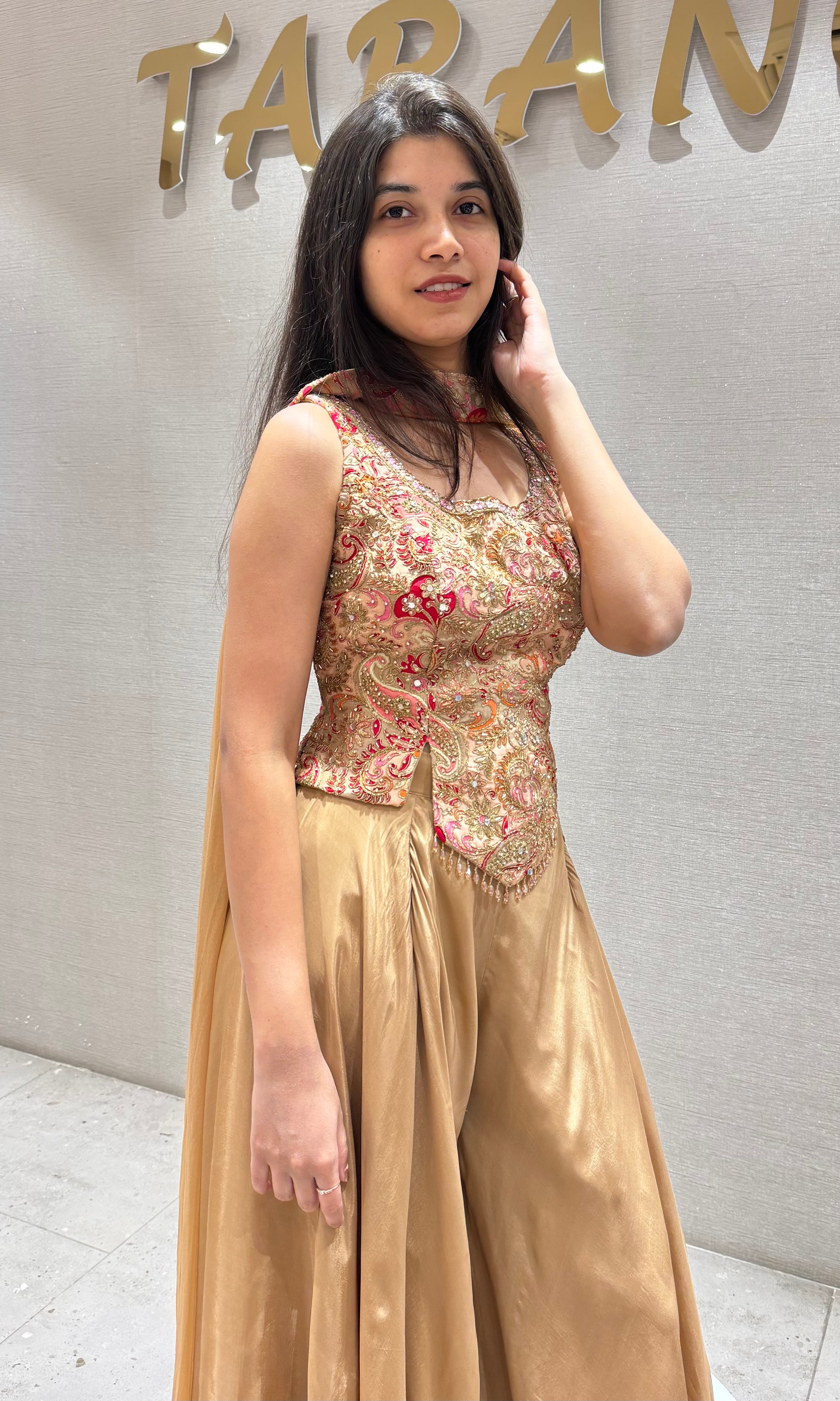 Brown EMBROIDERED PEPLUM PALAZZO SET