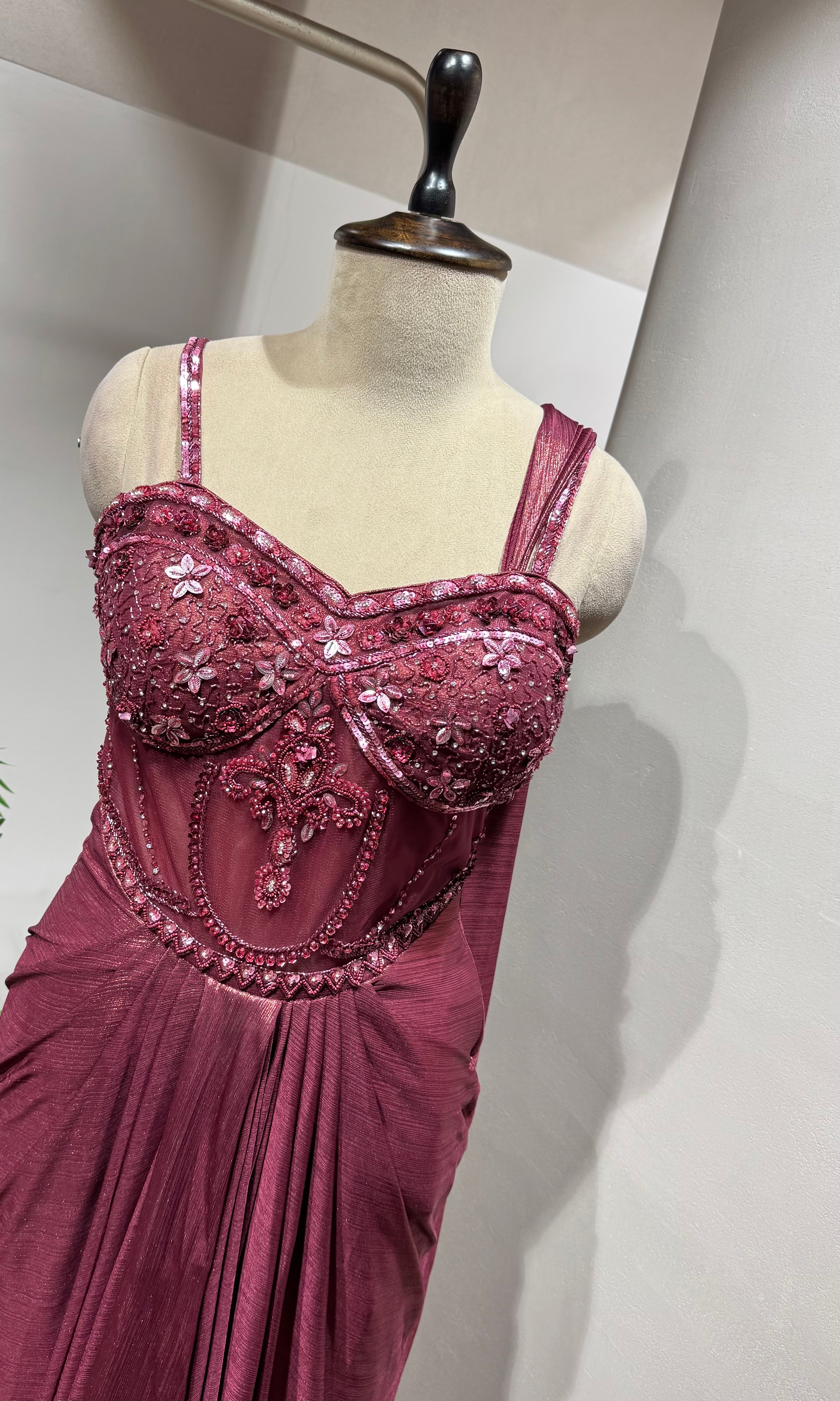 Maroon Draped Saree Embellished Gown
