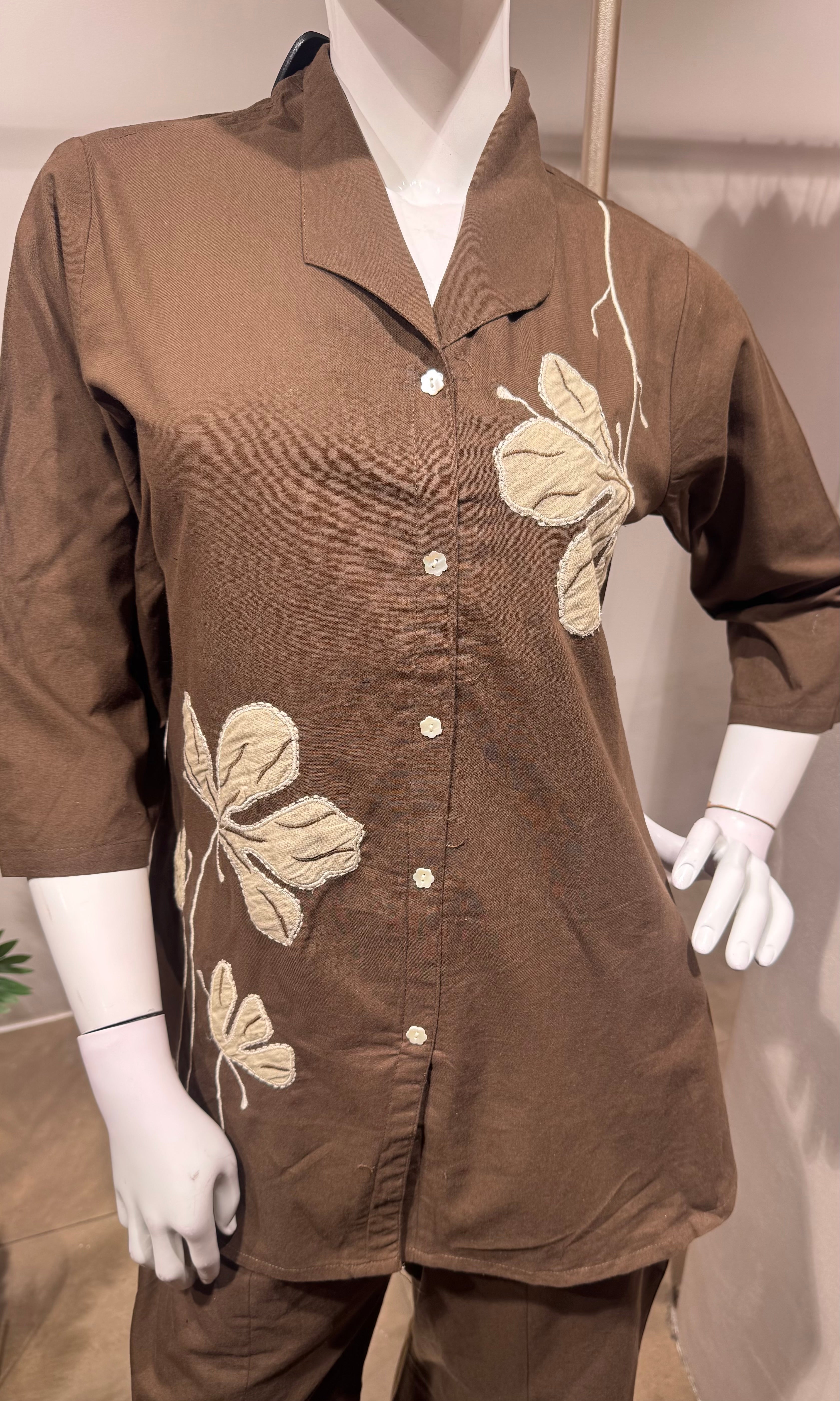 brown linen floral embroidered cord set