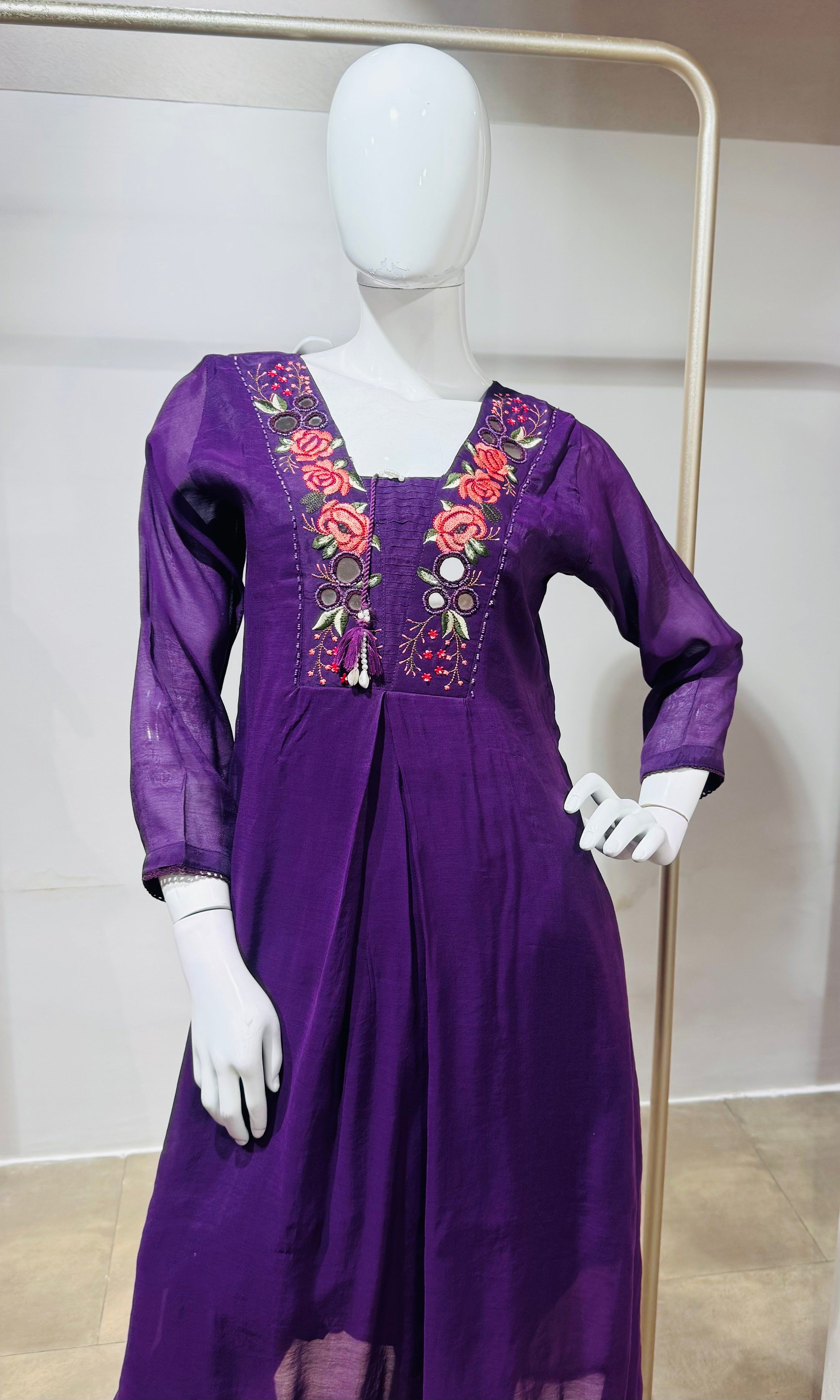 Wine Ethnic Kurta Set with Multicolored Neckline