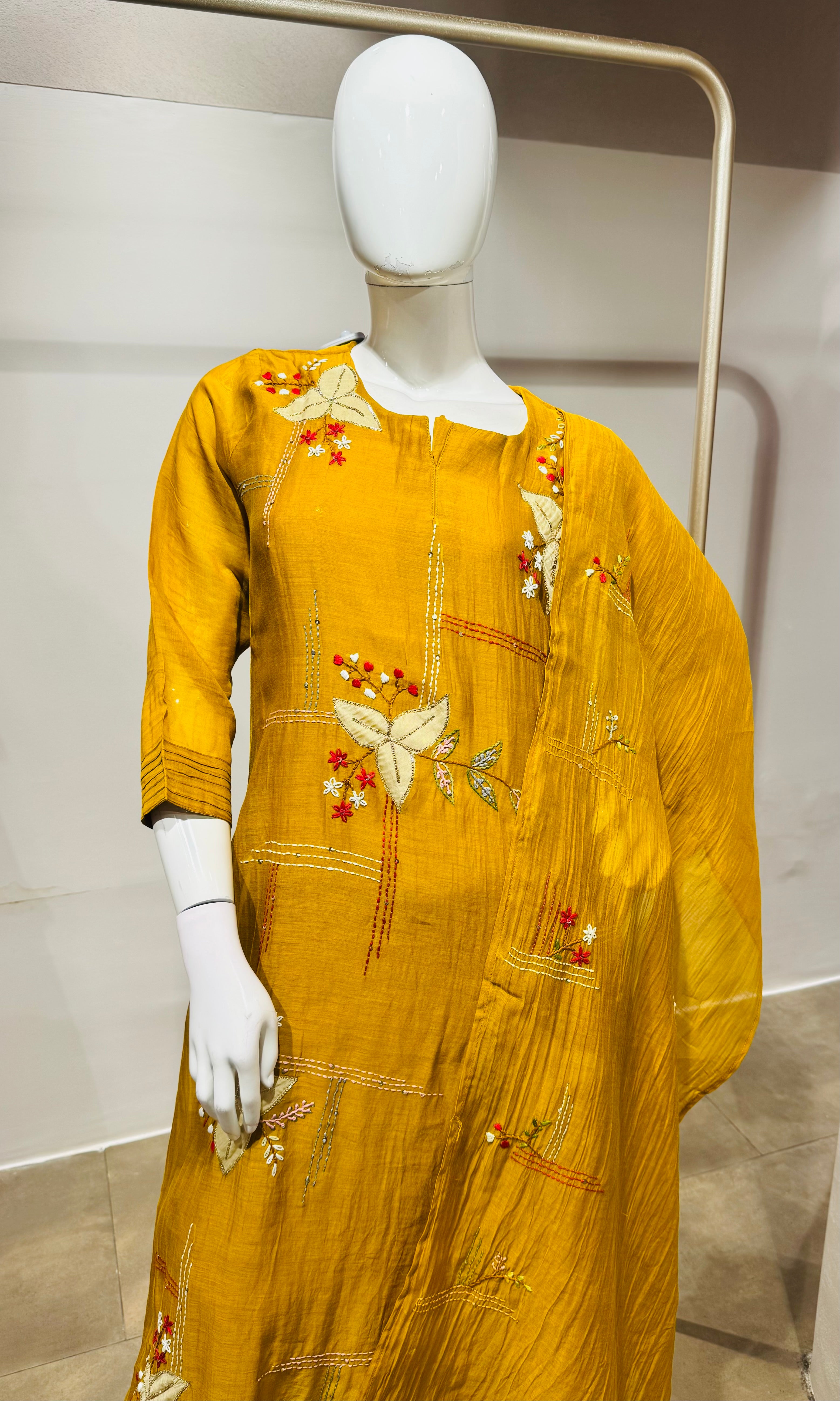 Mustard Elegant Muslin Pleated Chanderi Kurta Set