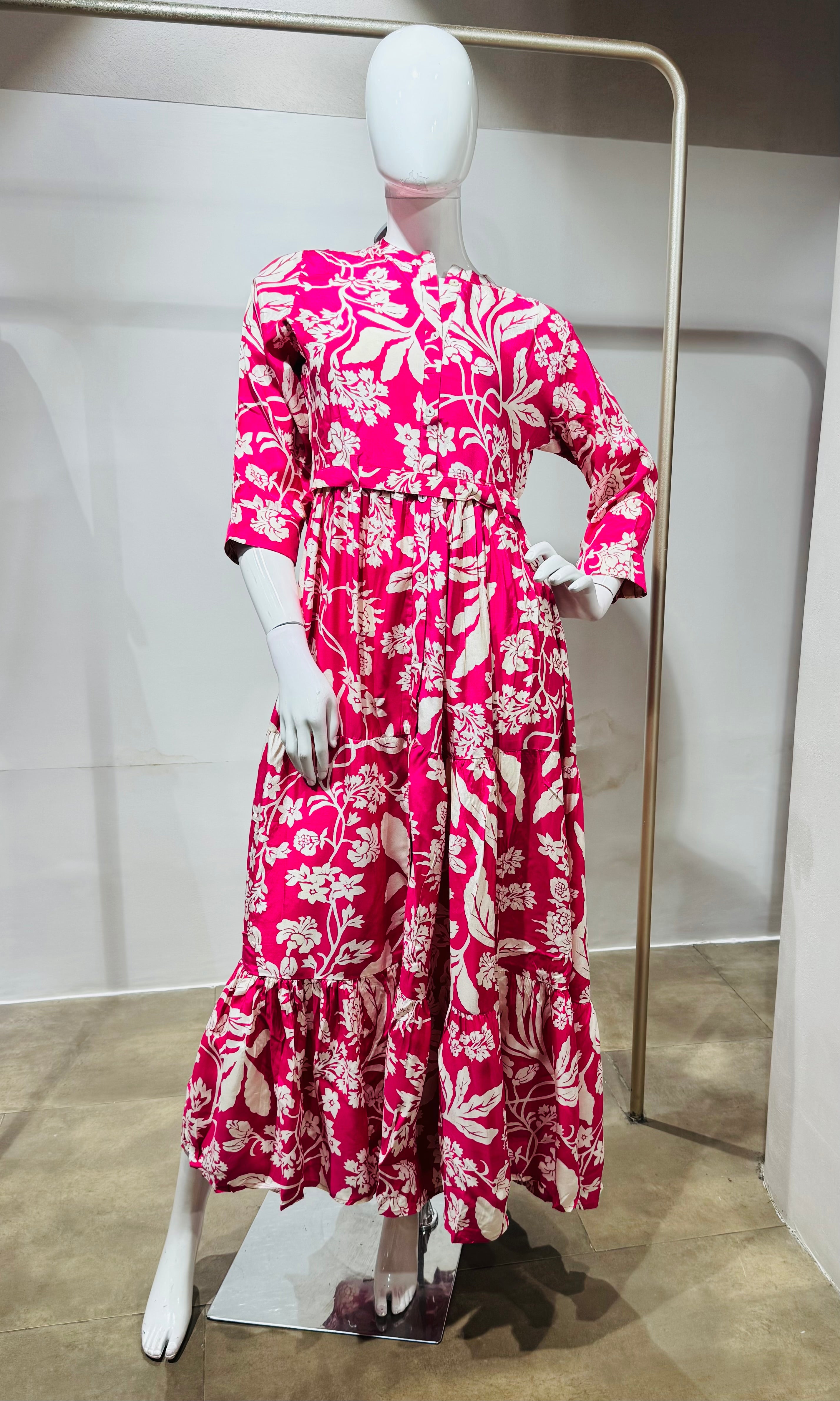 pink and white floral print Frock