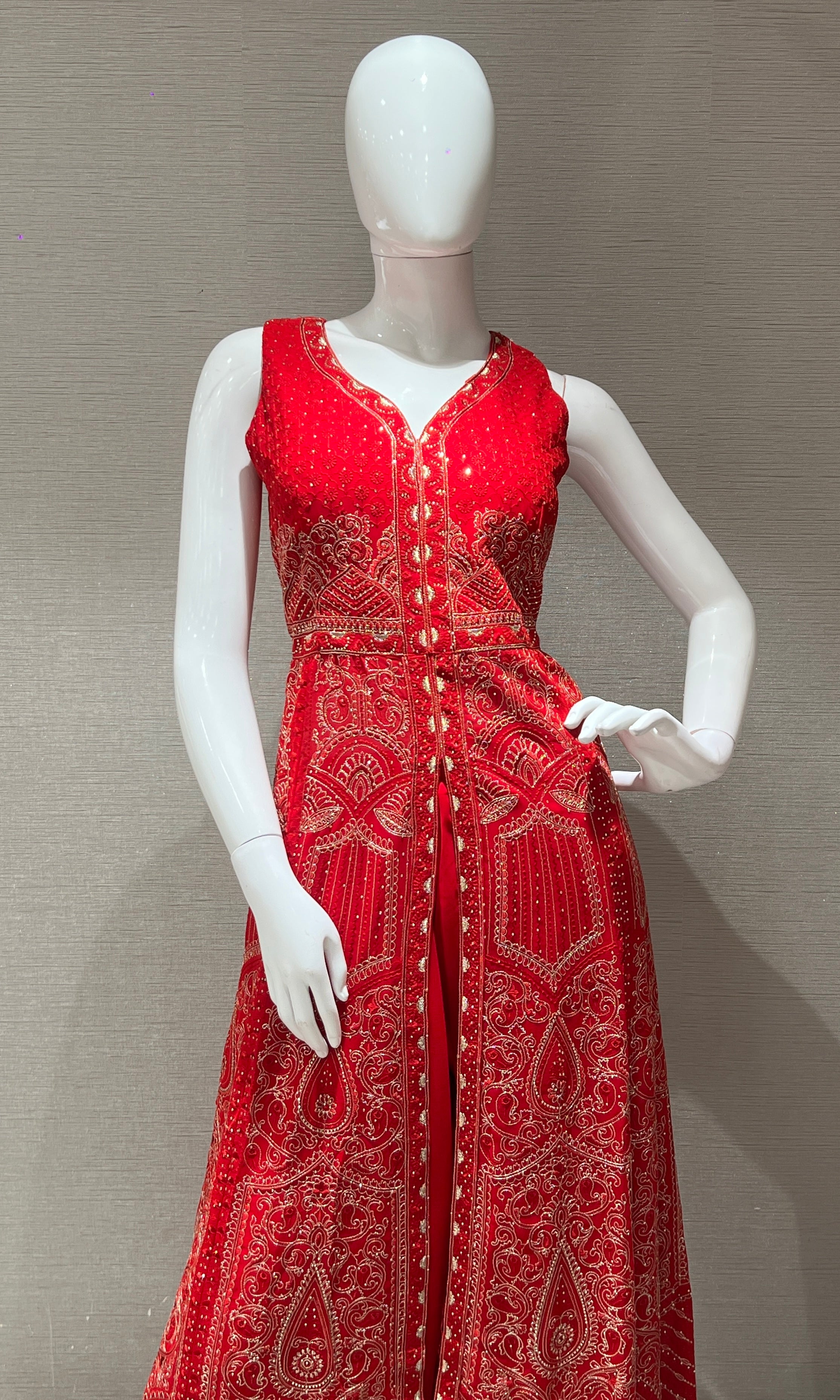Red front slit Anarkali with palazzo pants