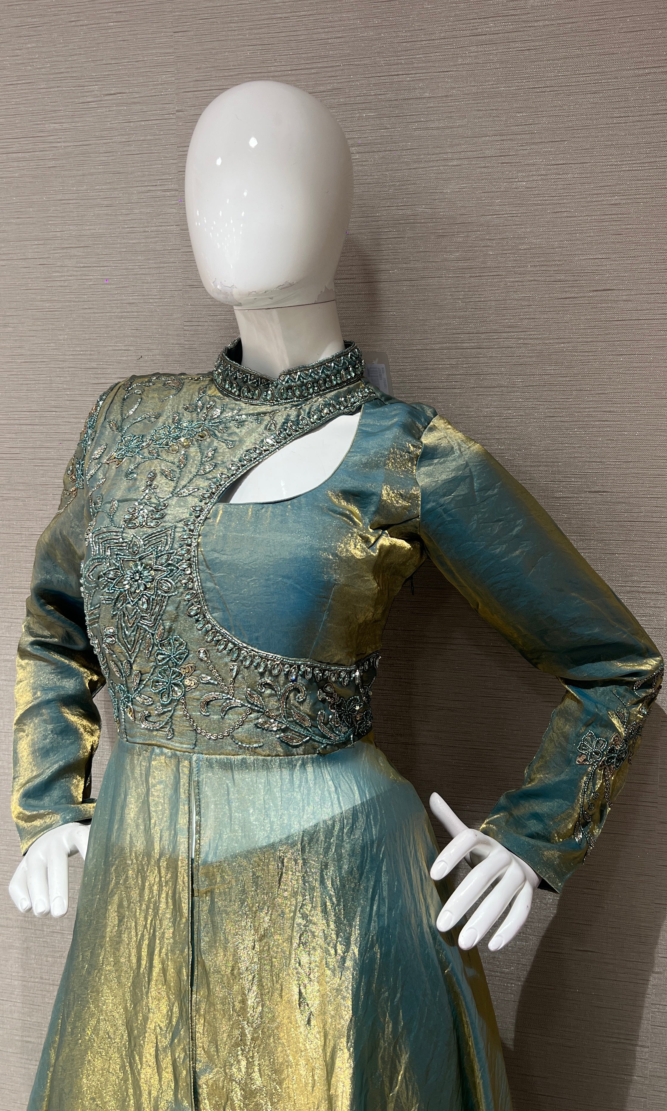 Metallic Blue with Gold Embroidered Anarkali palazzo set