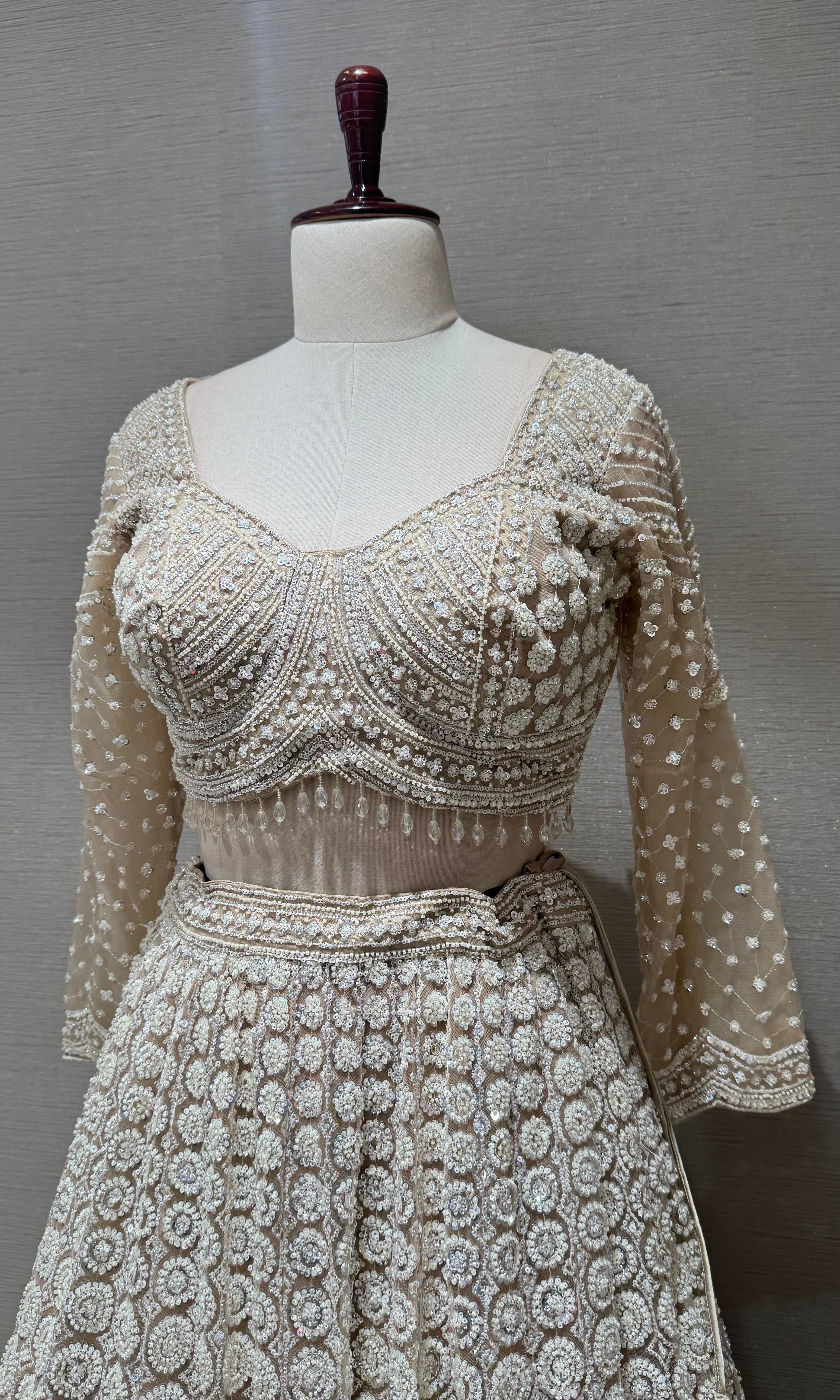 Beige Sequins and Beads Heavy Embroidered Lehenga