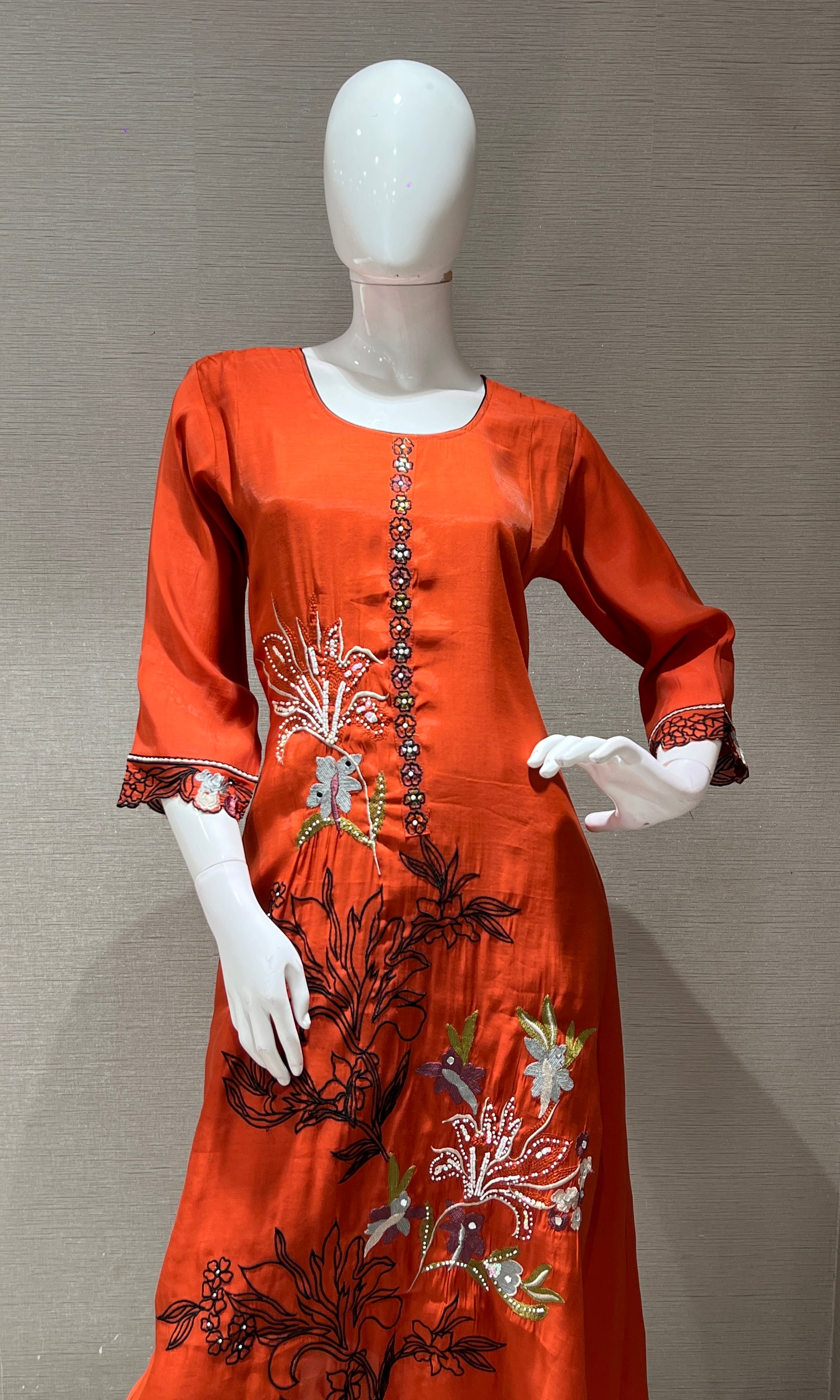 RUST Floral Embellished MUL CHANDERI KURTA SET