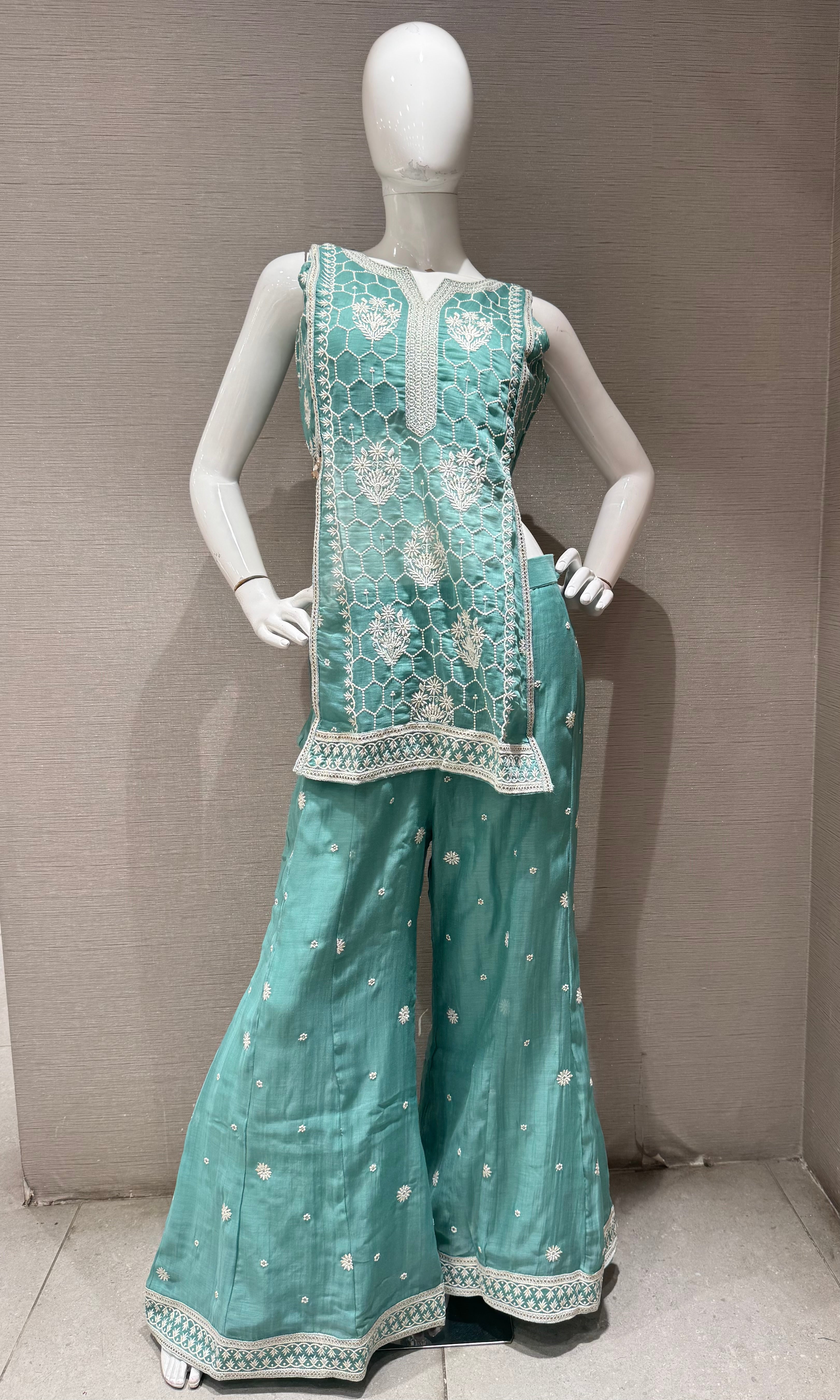 Sea green Floral Embroidered Palazzo with Sheer Dupatta