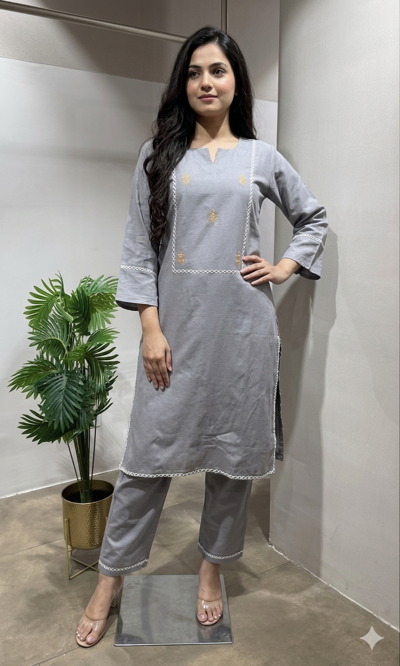 Grey Embroidered Kurta with BOTTOM