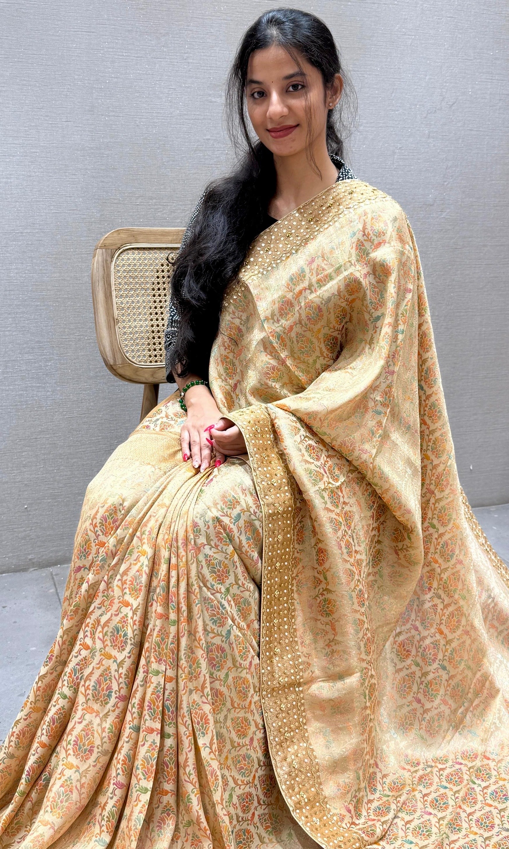 Golden Peach Banarasi saree with ready blouse