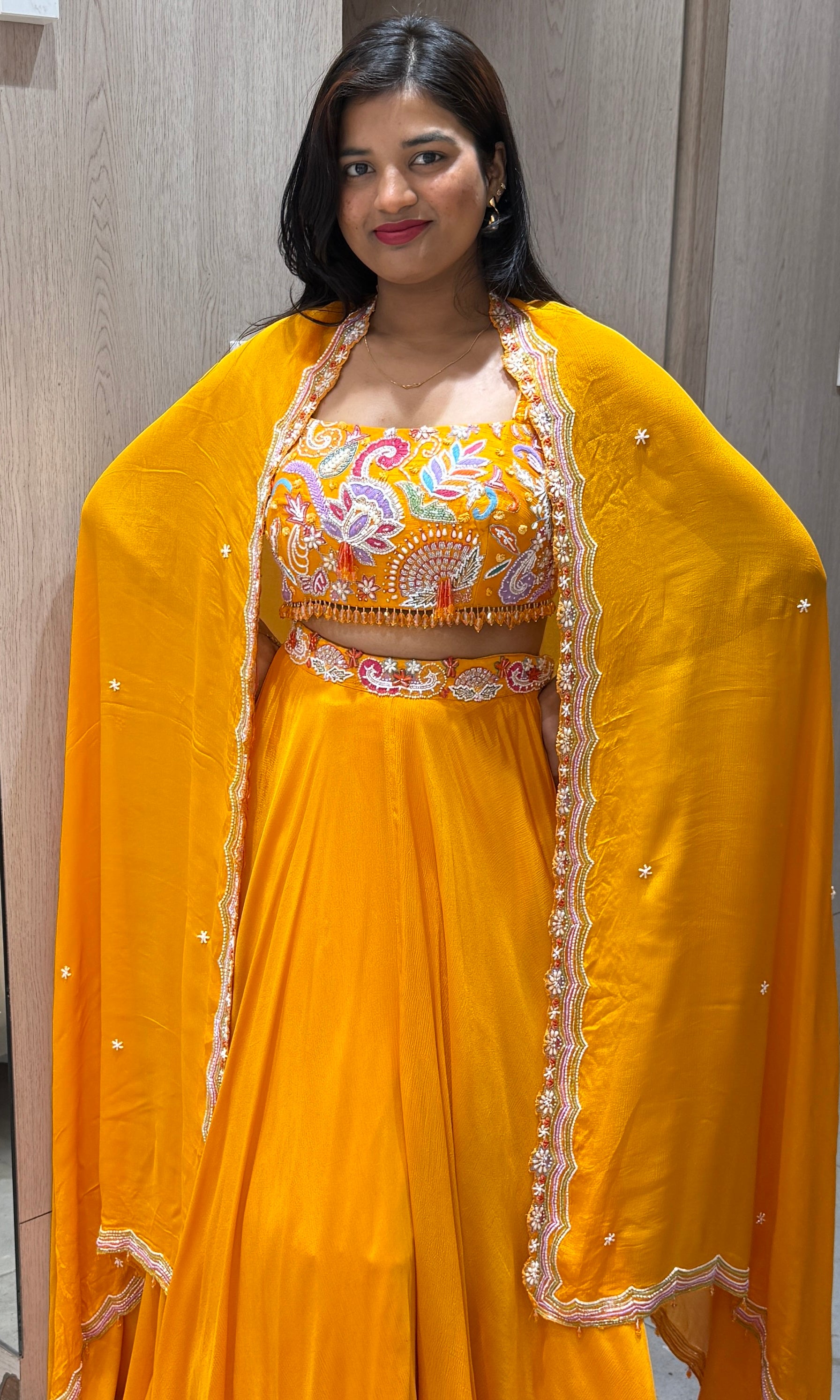 Orange lehenga with cape 1000