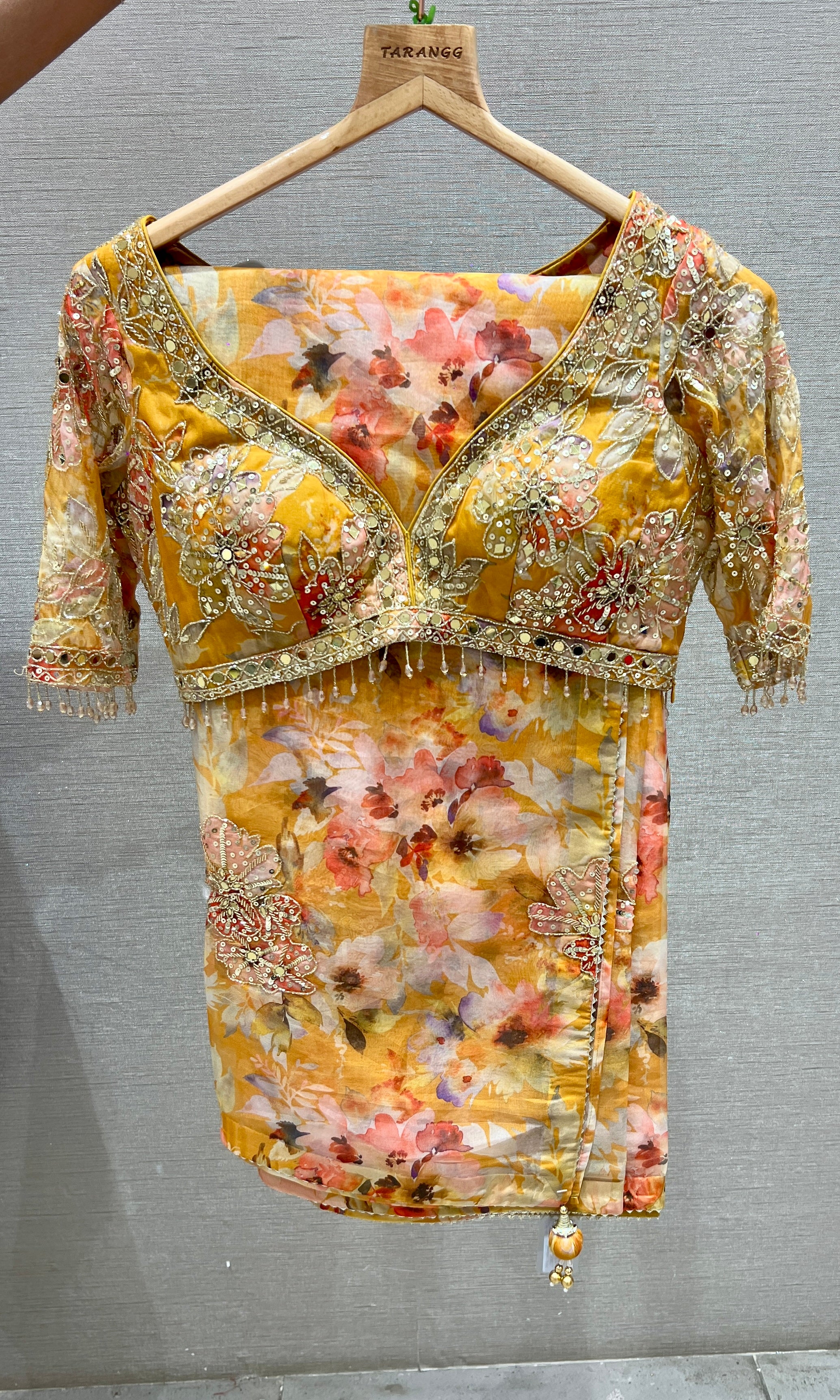 Mustard yellow saree floral print with embroidered ready blouse