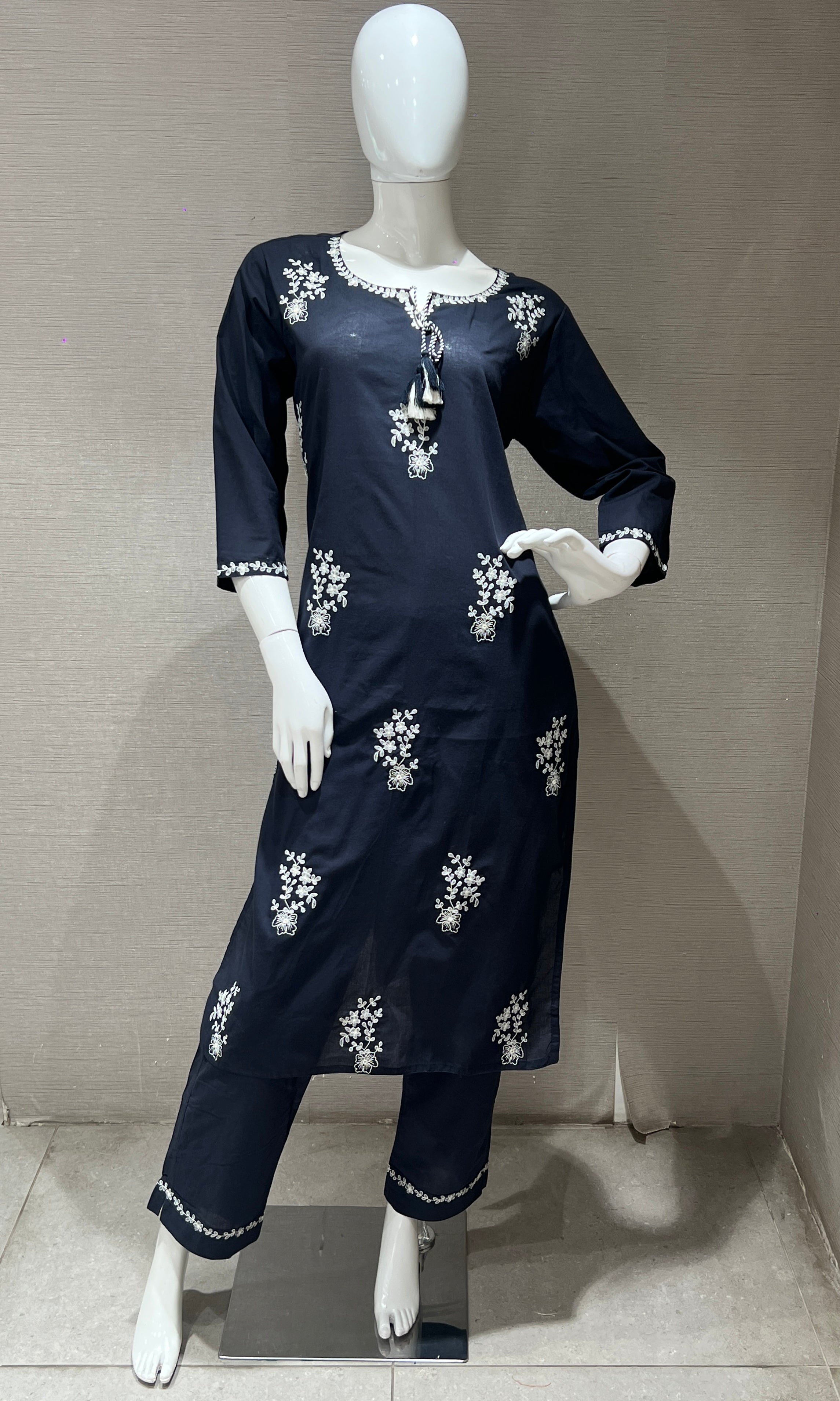 Navy blue Floral Embroidered Kurta Set