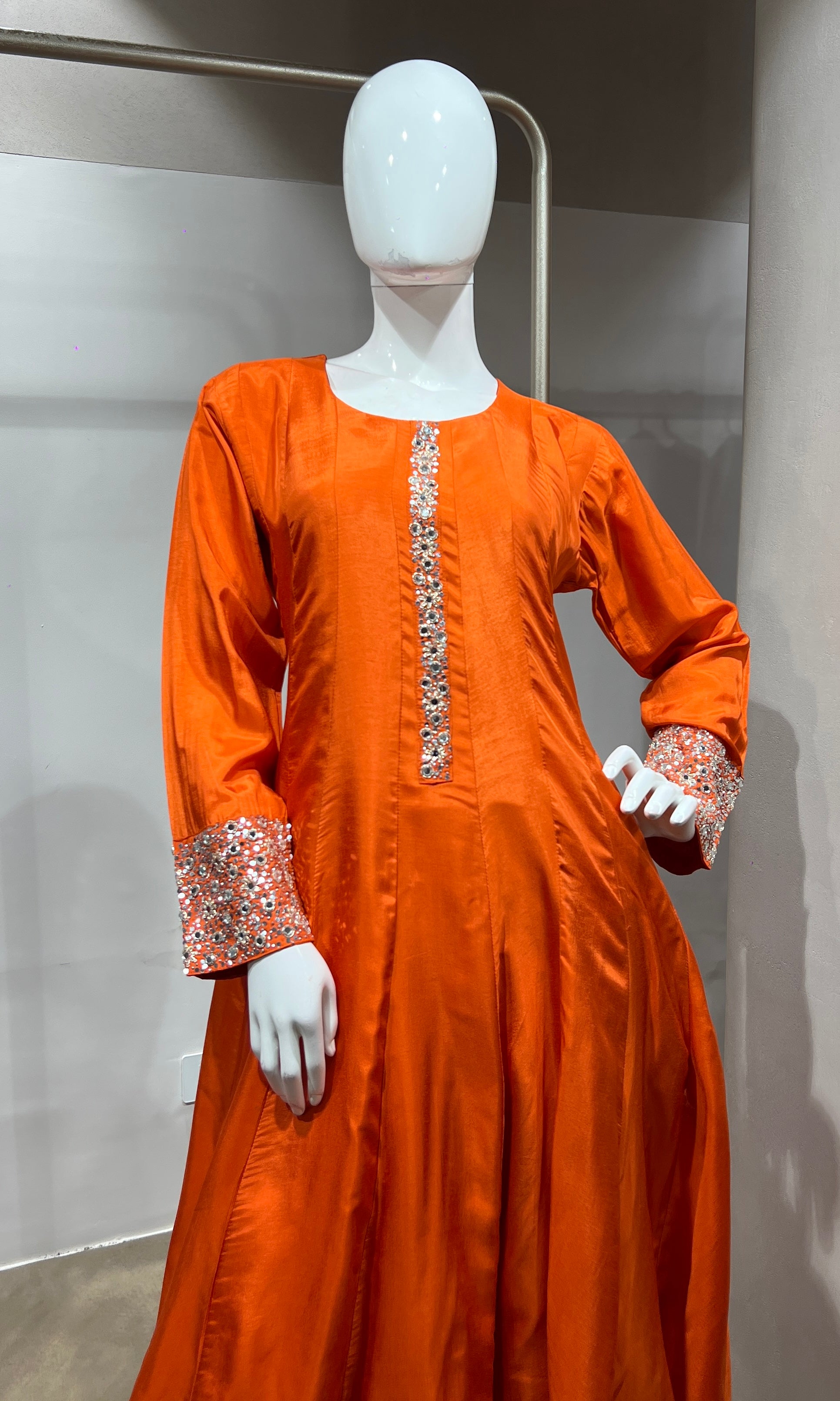 Orange Straight Kurta Set with Mirror Embroidery