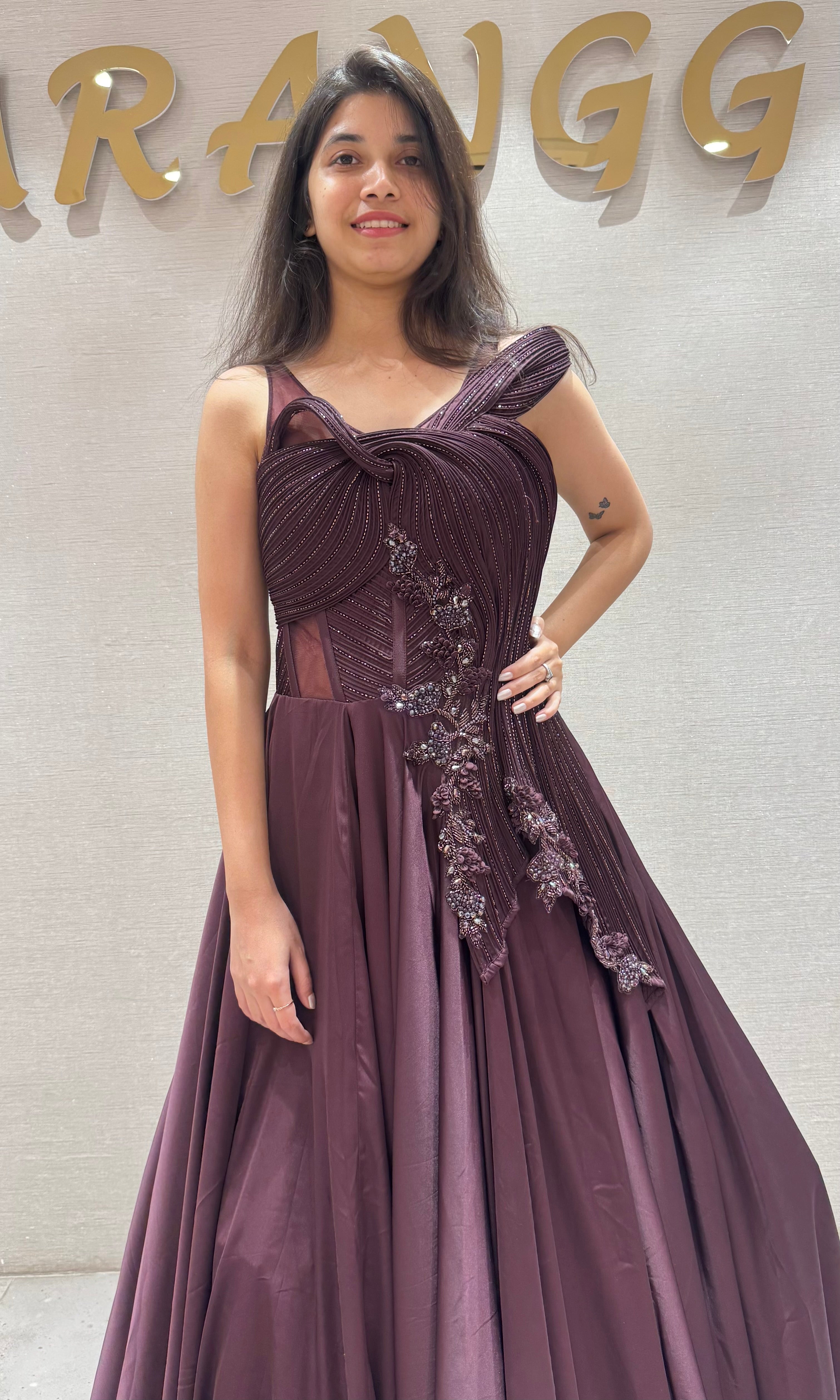 Wine FLORAL EMBELLISHED GOWN