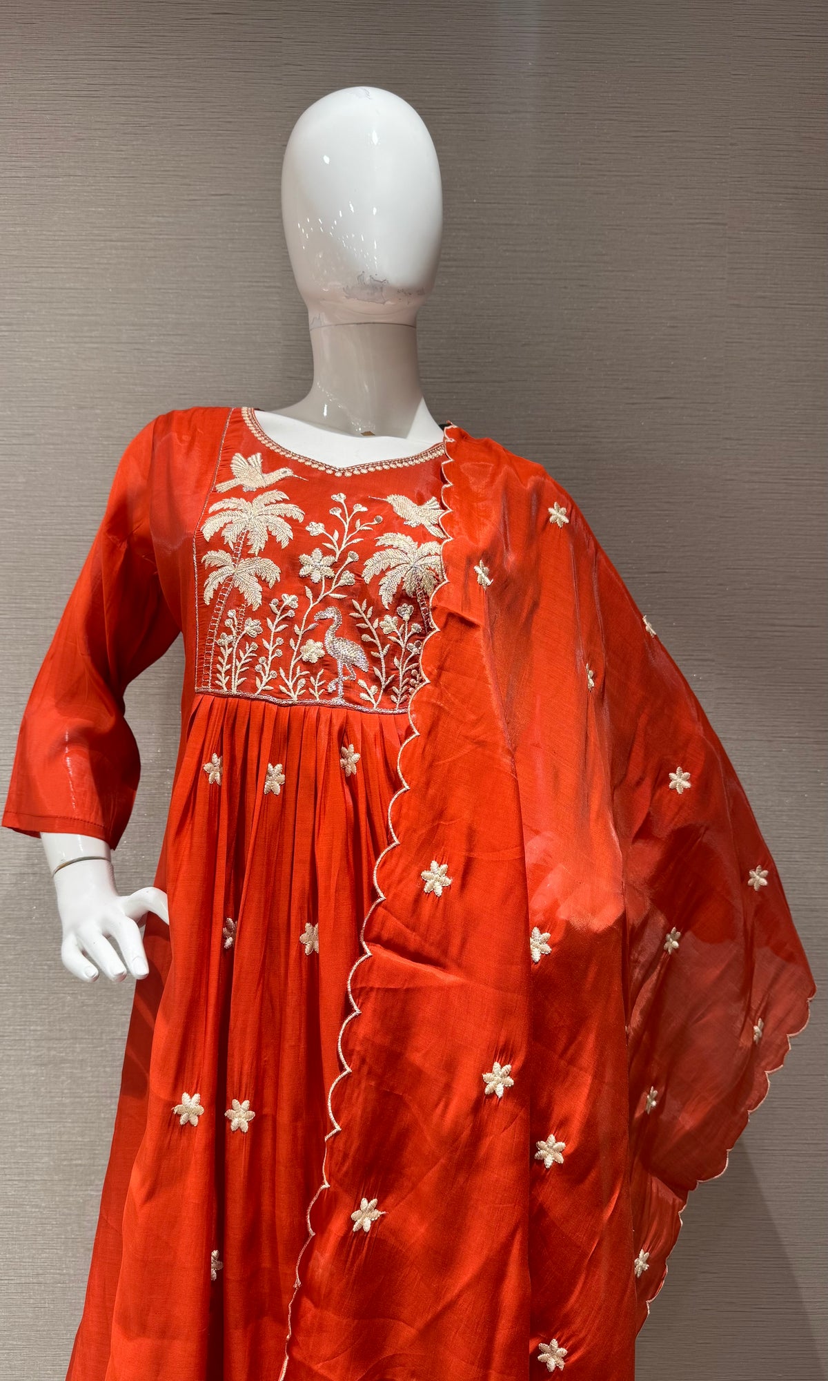 Rust Mul chanderi embroidered kurta set with dupatta