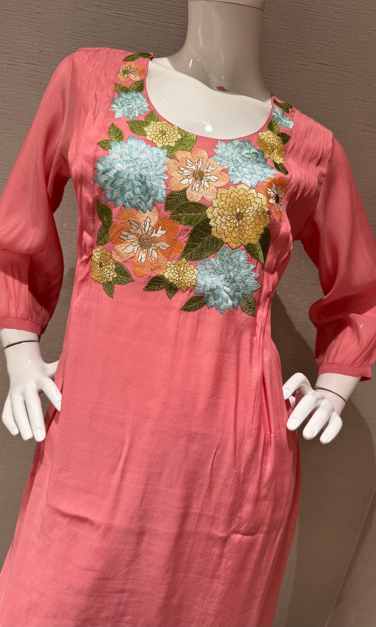 Pink Floral Embroidered Mul Chanderi A Line kurta Set with dupatta