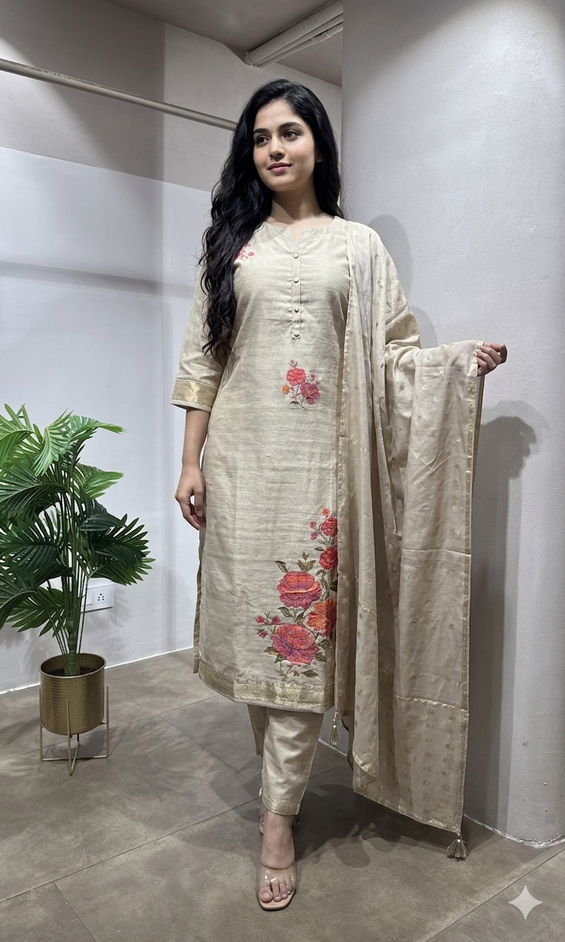 Cream floral motif printed kurta set