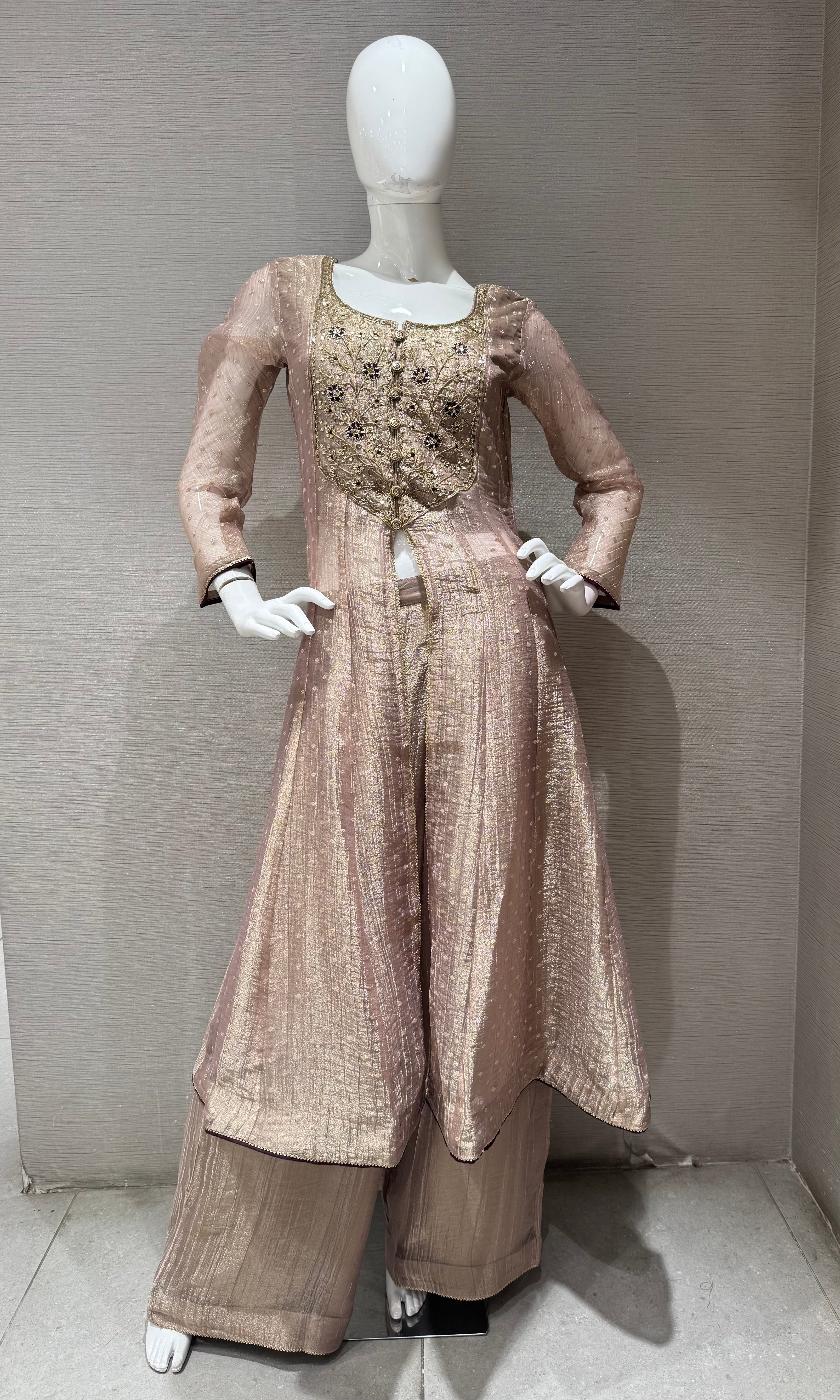Greyish taupe tissue front slit anarkali with palazzo pants