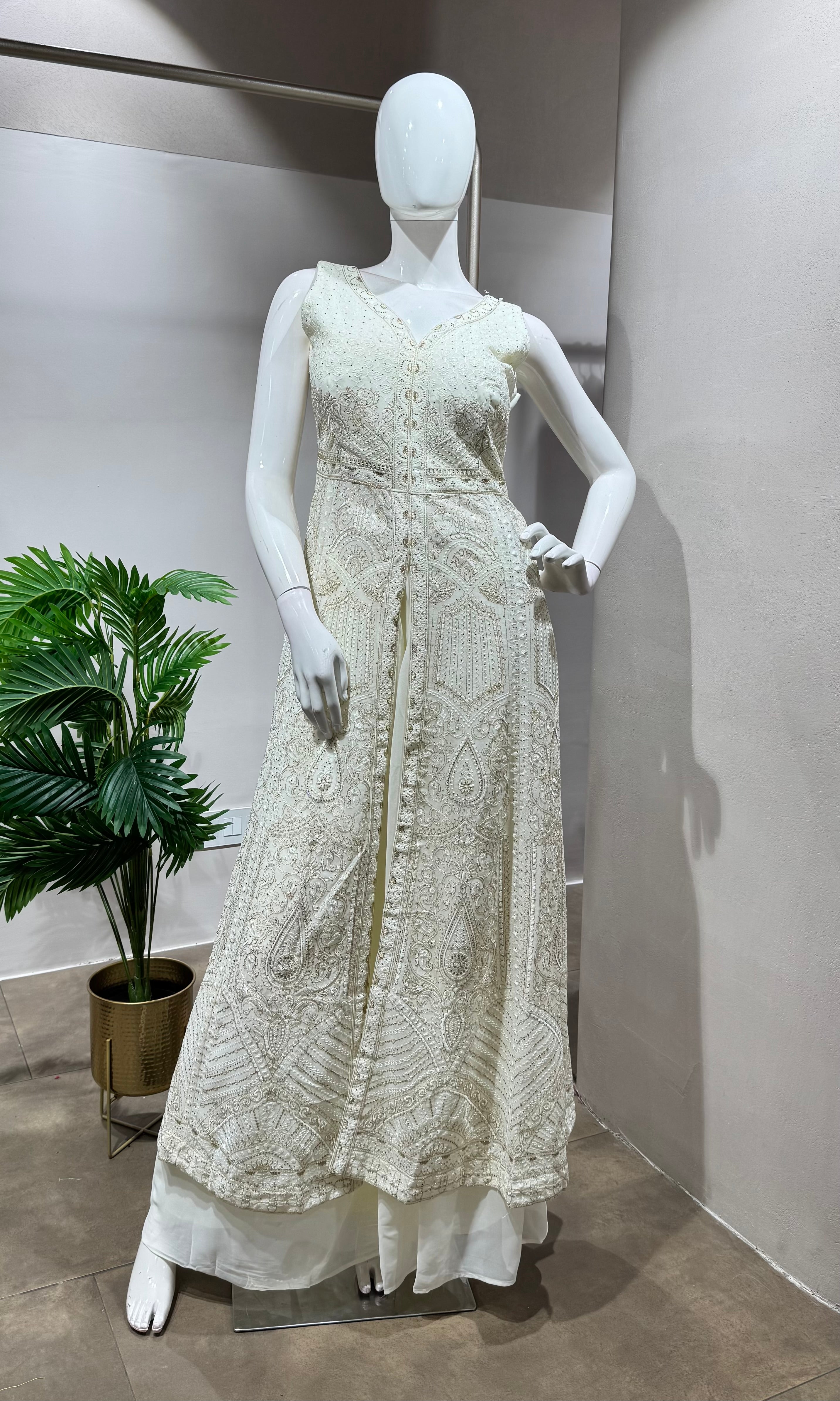 CREAM FRONT SLIT ANARKALI & PALAZZO SET