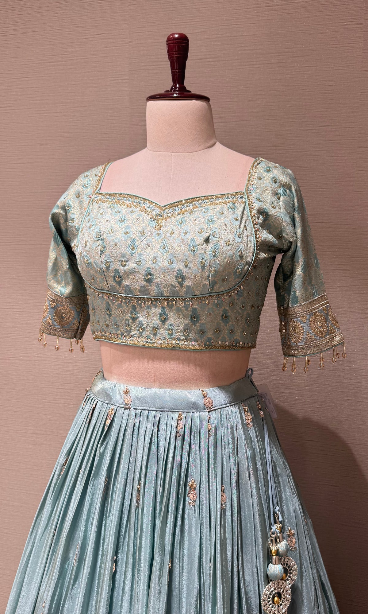 Light blue Sequins Embroidered Tissue Lehenga Choli