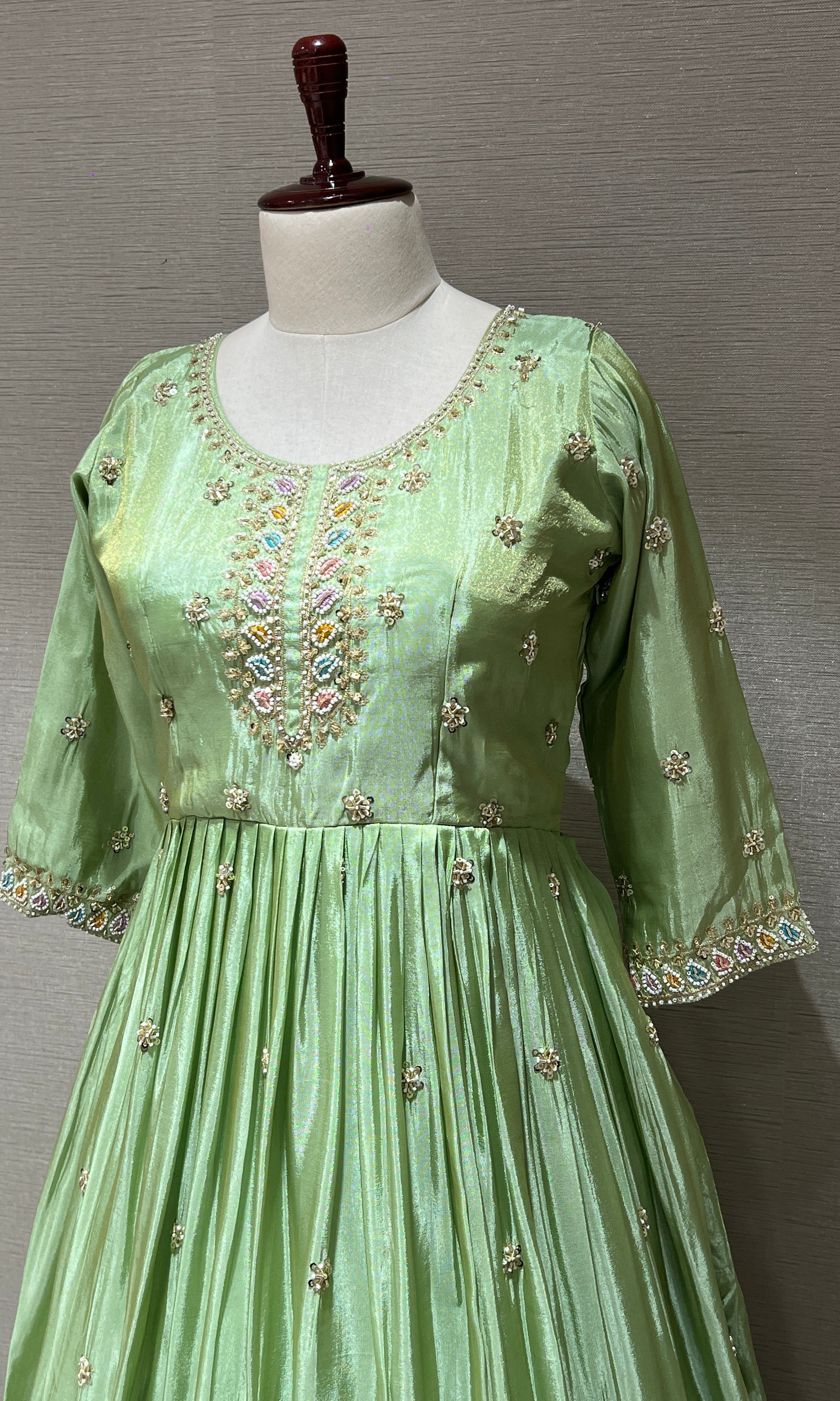 Light Green Embroidered Anarkali Long Gown with Dupatta