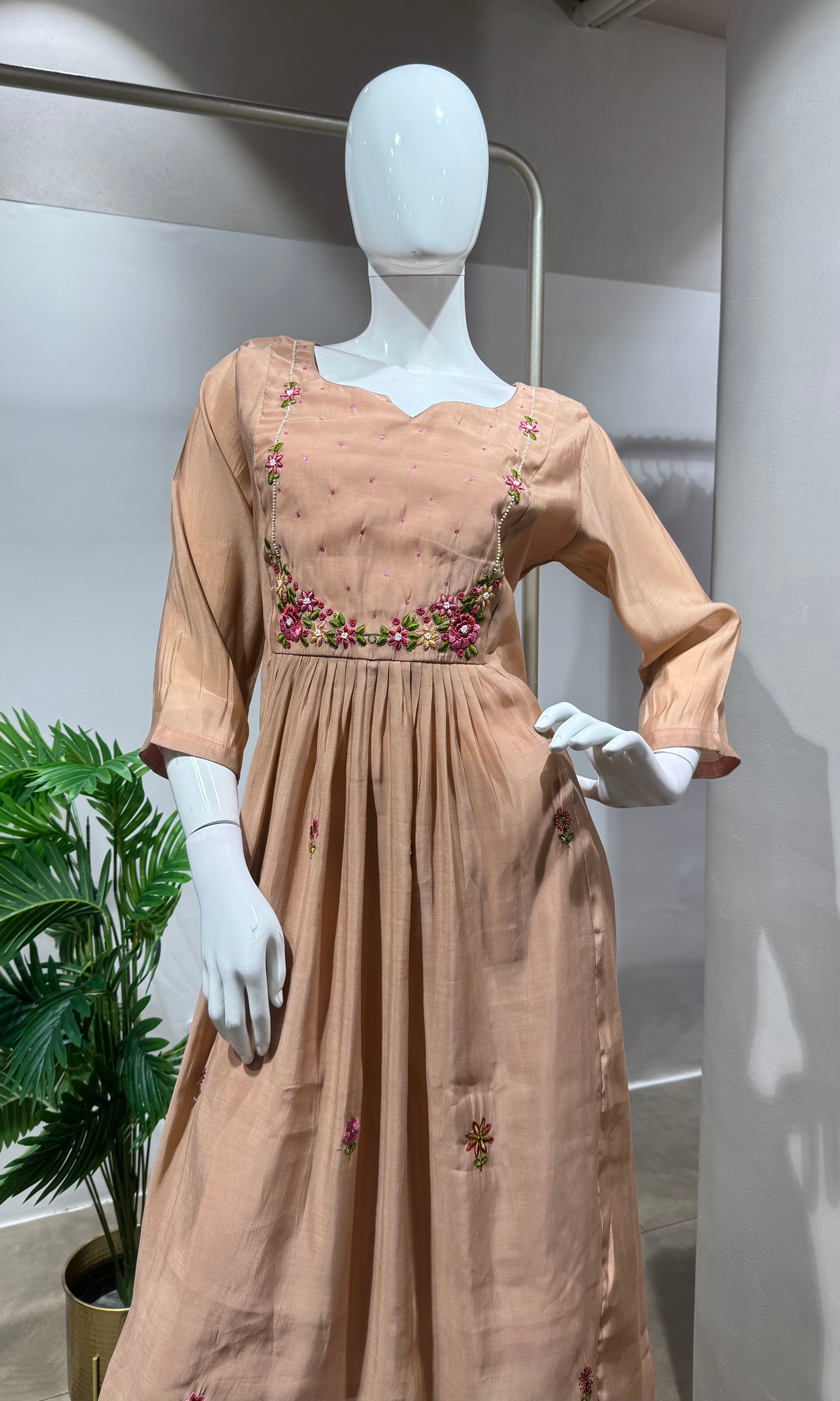 Peach Embroidered Mul Chanderi kurta set