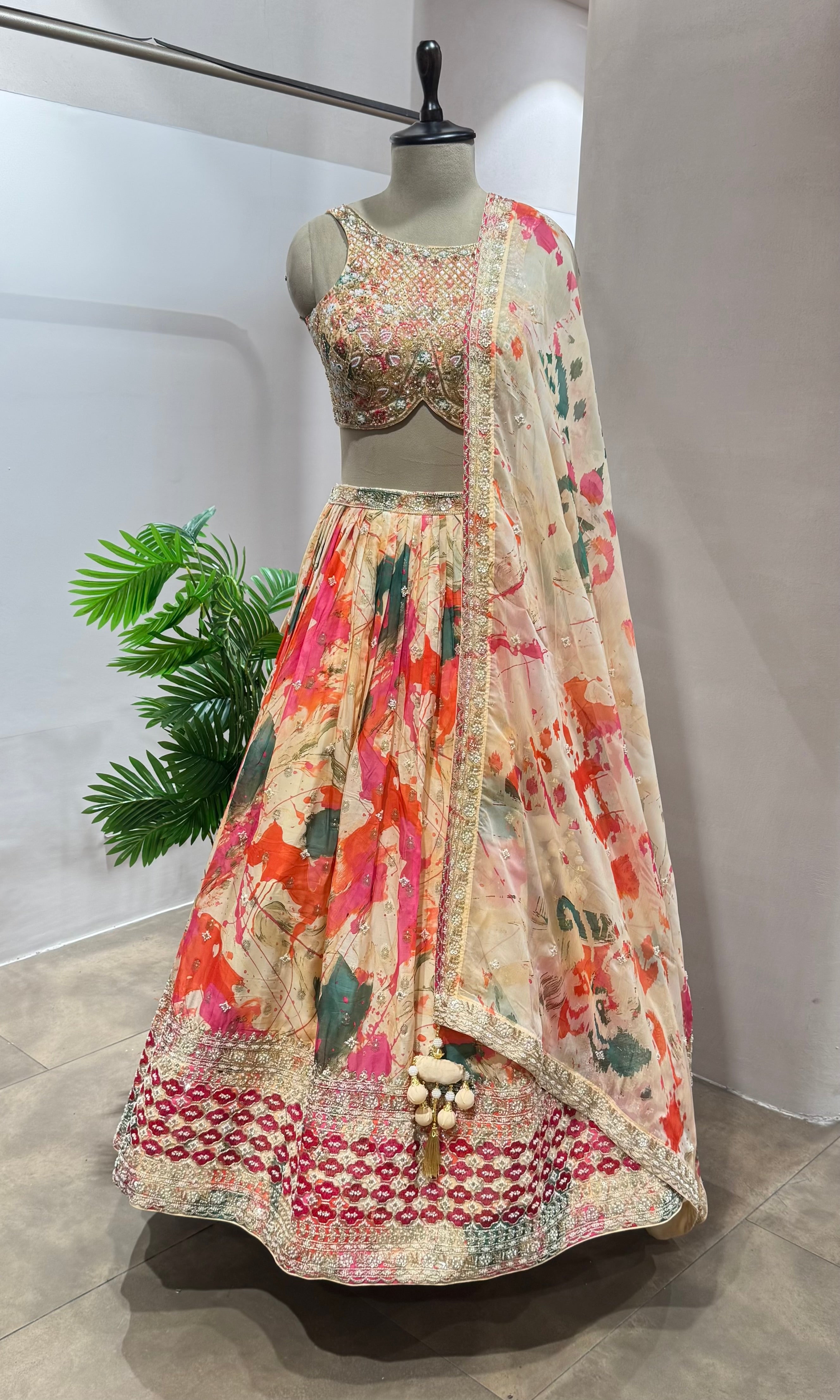 Peach FLORAL INTRICATE EMBROIDERY Lehenga