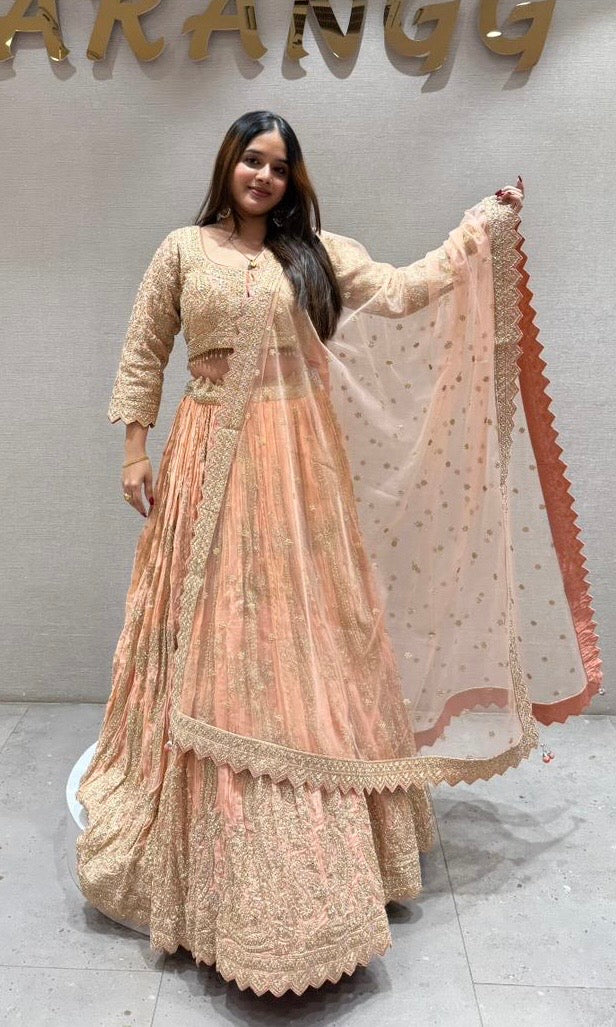 Golden Peach crushed silk Lehenga