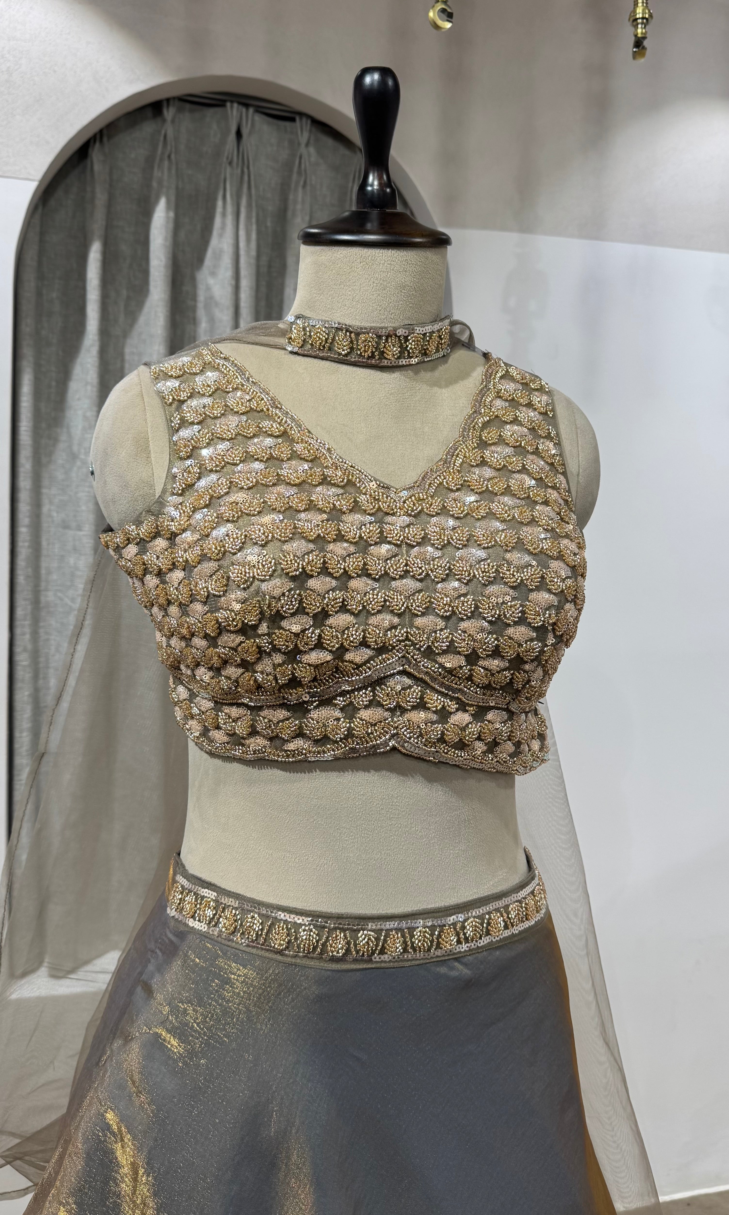BROWN GOLDEN LEHENGA WITH EMBROIDERED BLOUSE