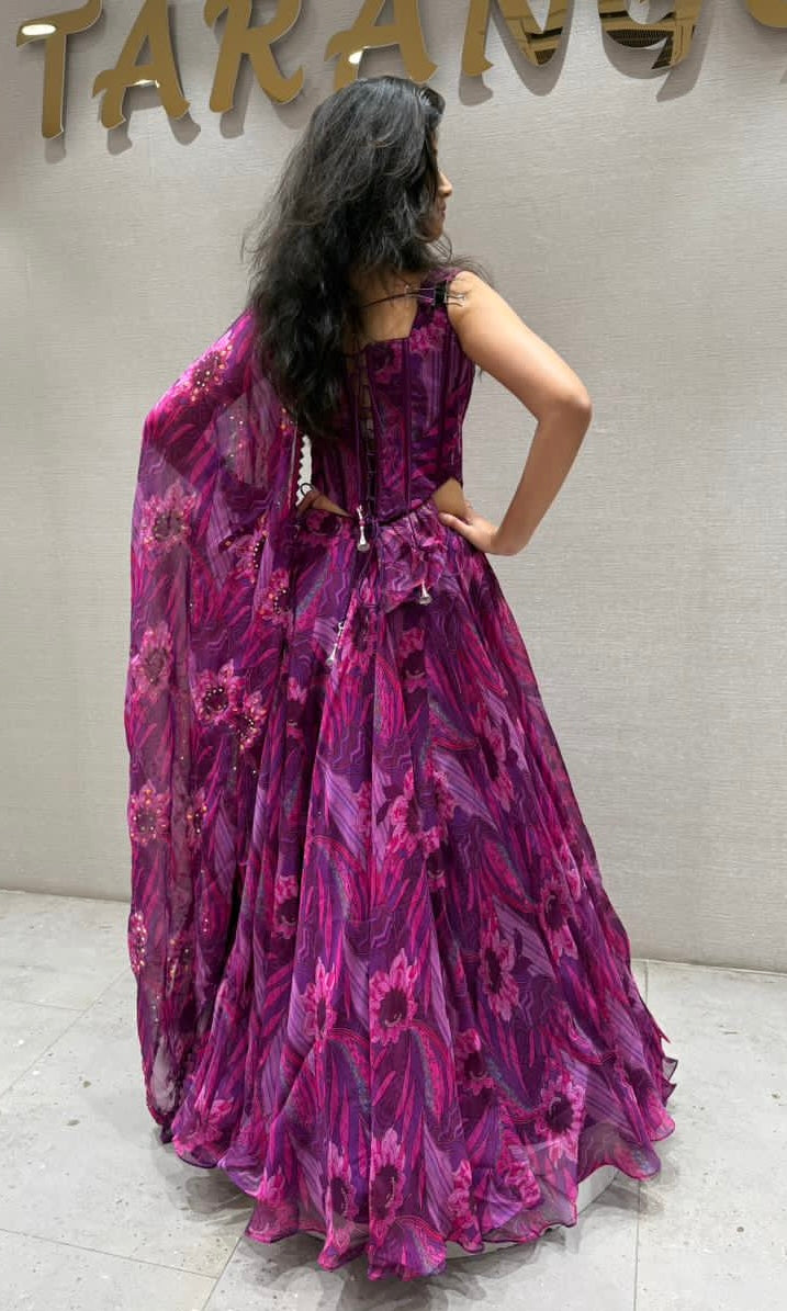 FUSCHIA PURPLE ABSTRACT CORSET LEHENGA