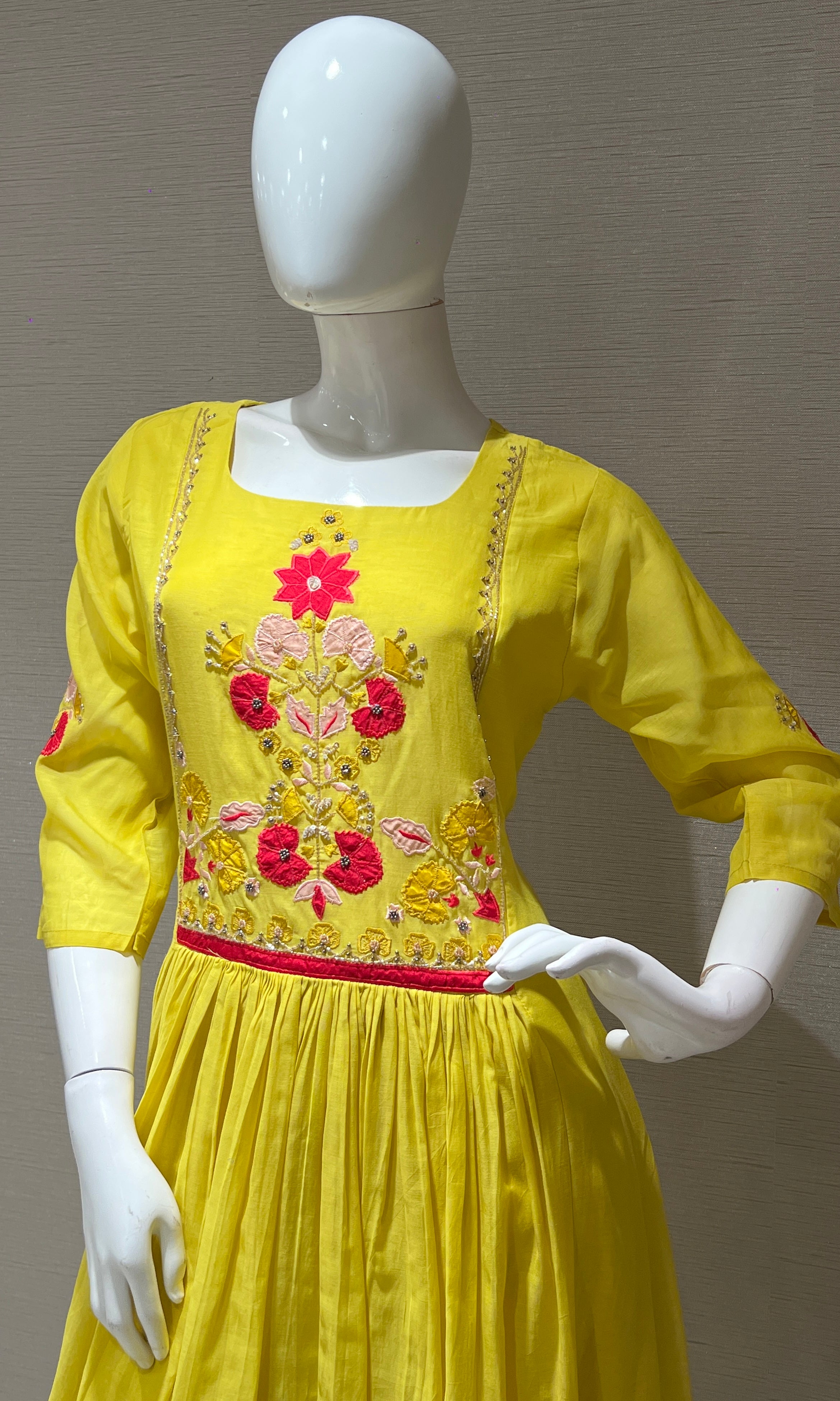 yellow MUL CHANDERI floral embroidered kurta set