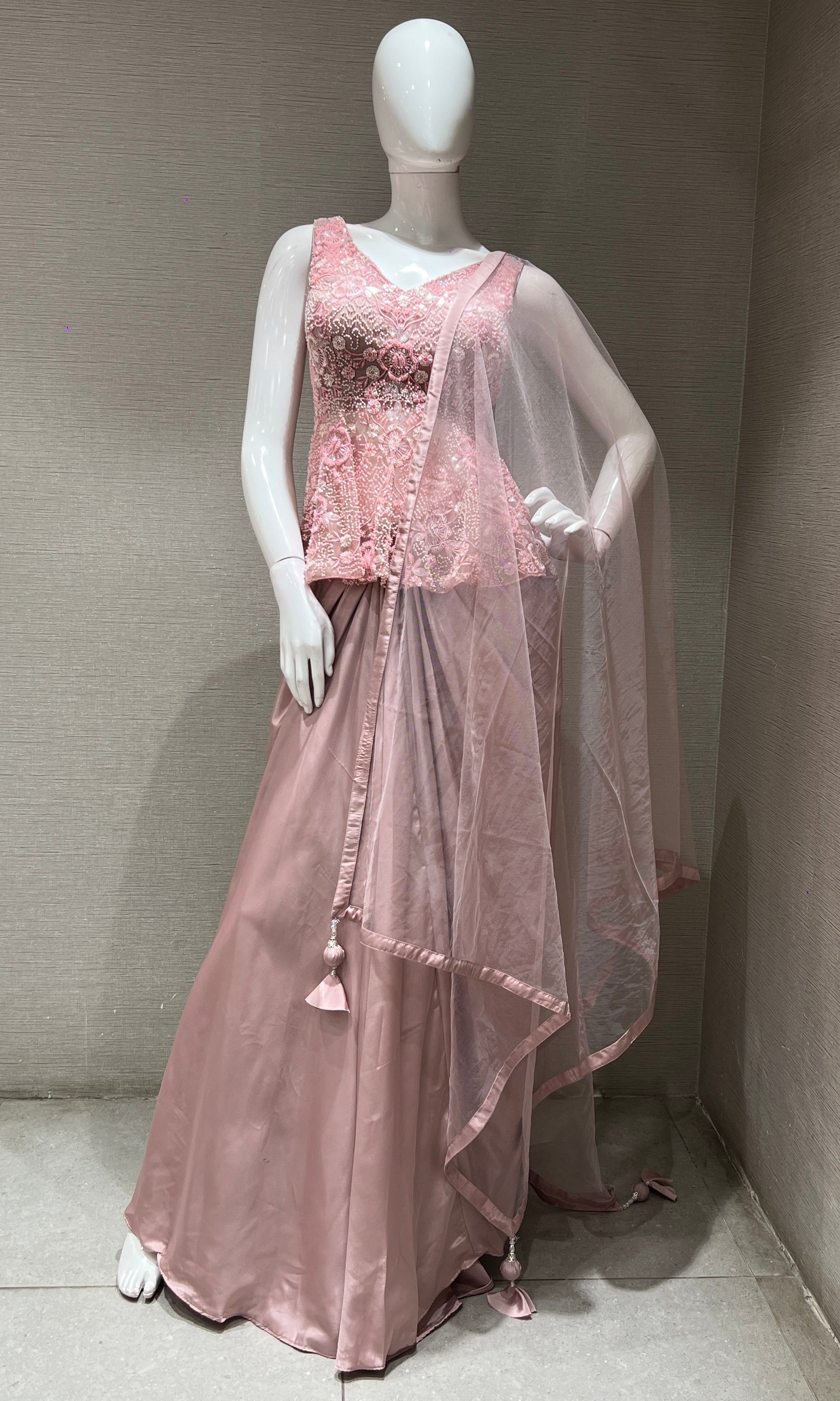 Baby pink EMBROIDERED PEPLUM BLOUSE WITH SKIRT