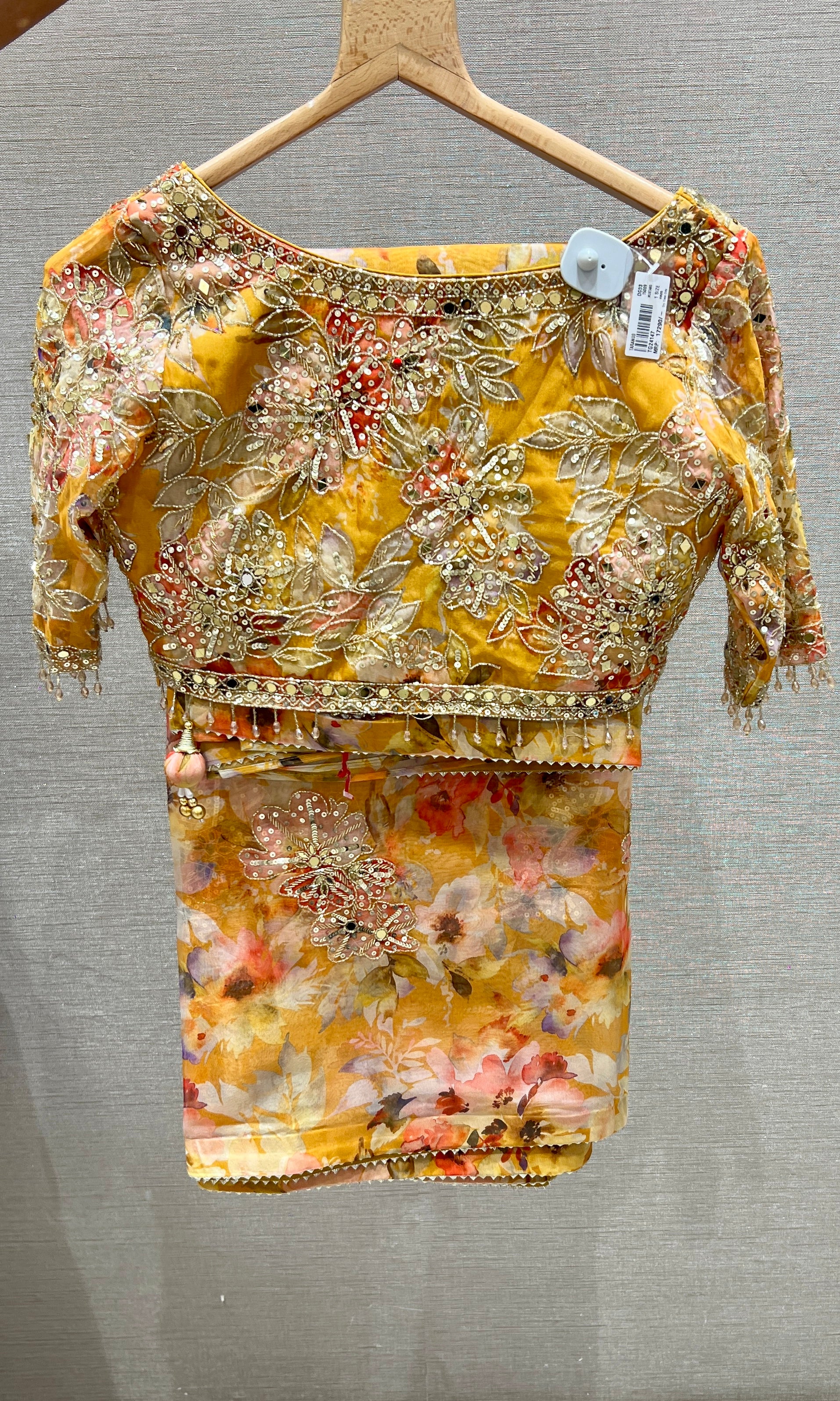 Mustard yellow floral saree with ready blouse