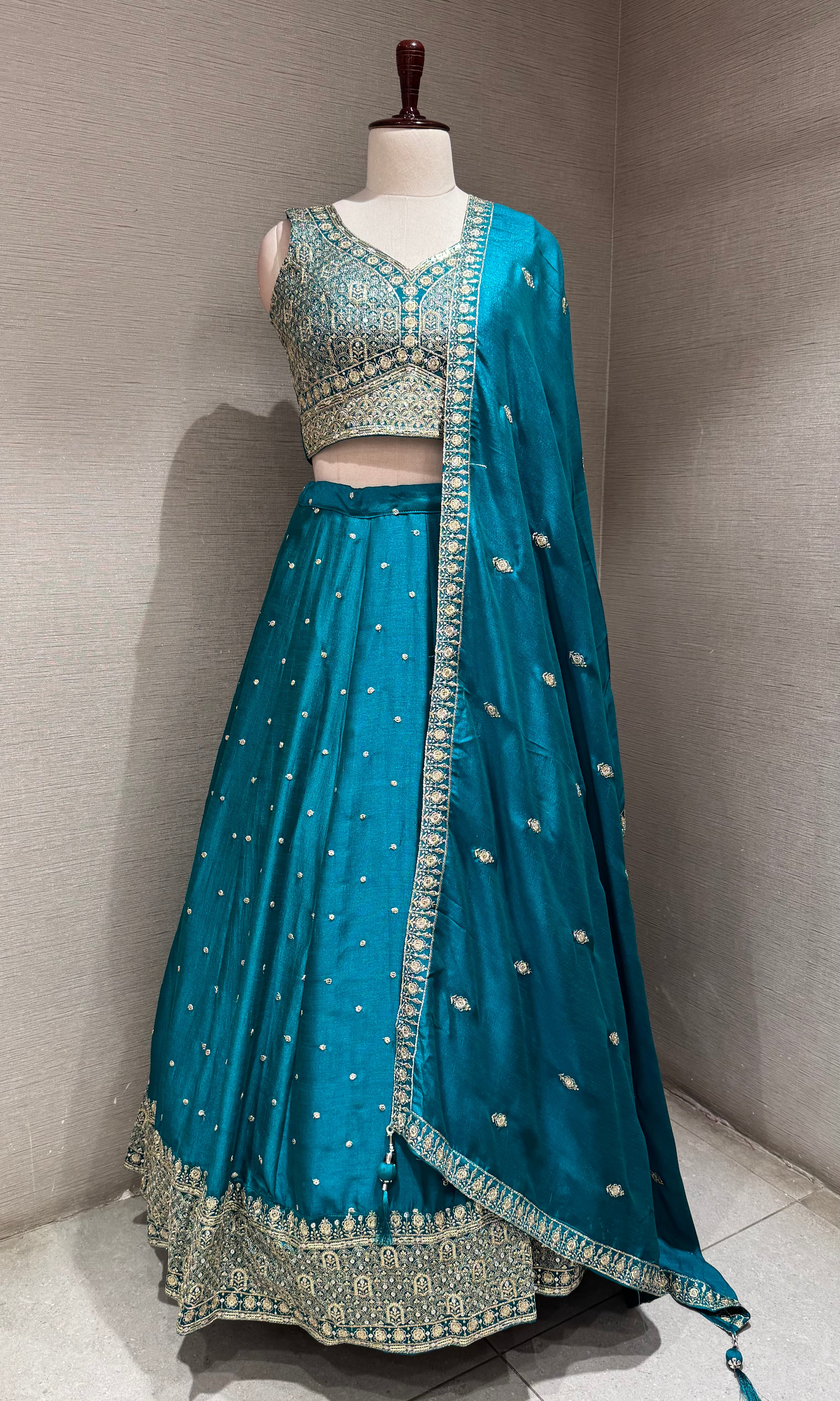 Rama blue golden embroidered lehenga choli set