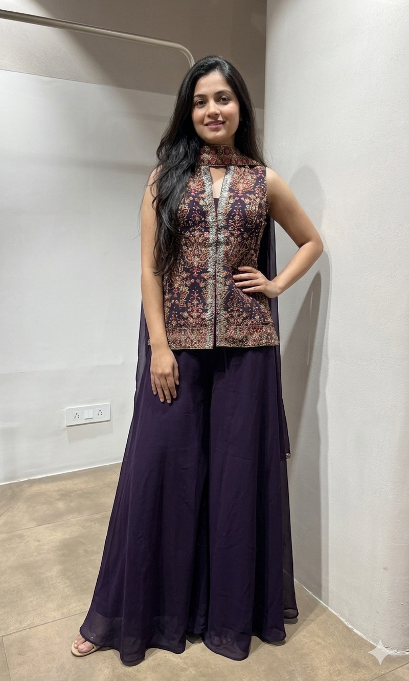 WINE embroidered georgette palazzo set