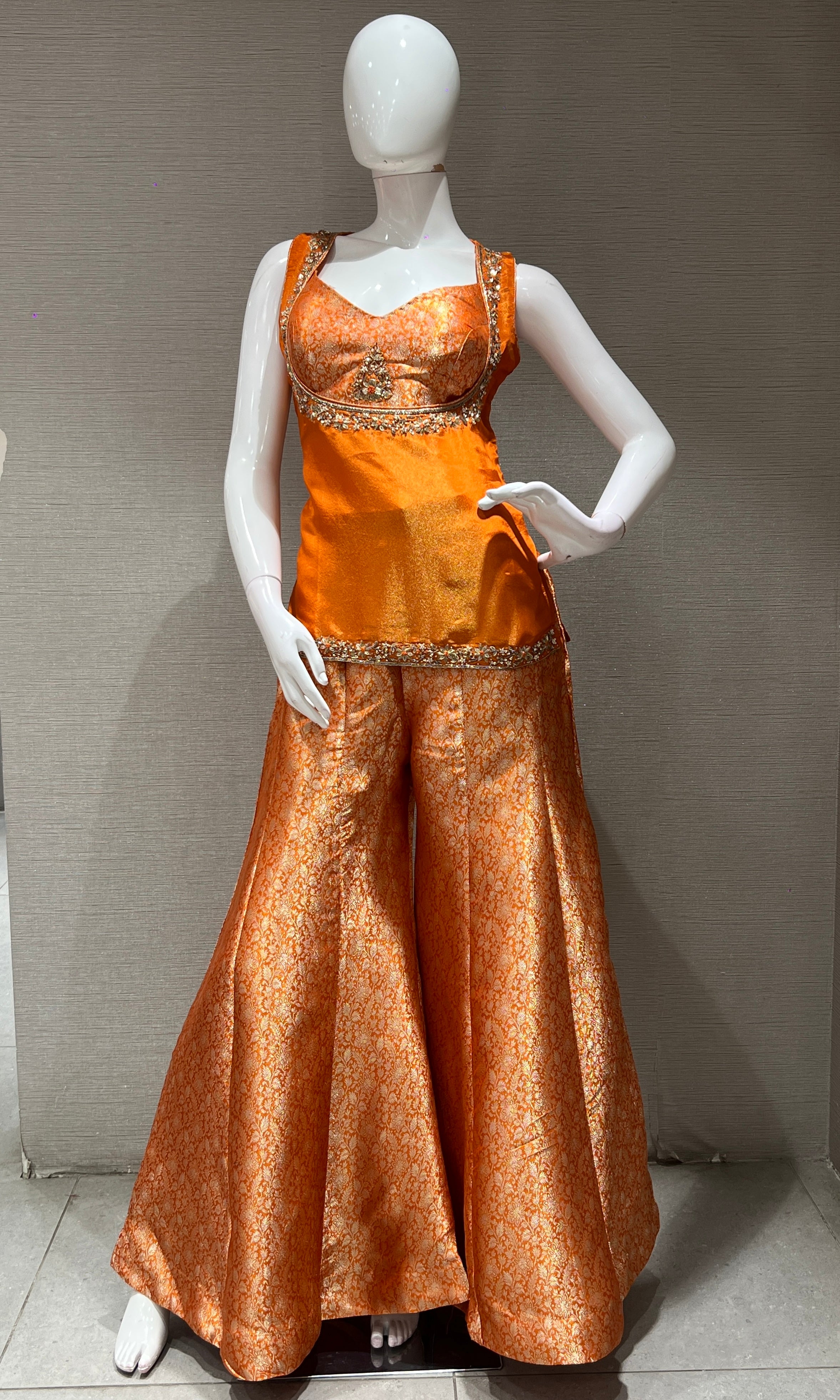 orange silk crop top and flared SHARARA set