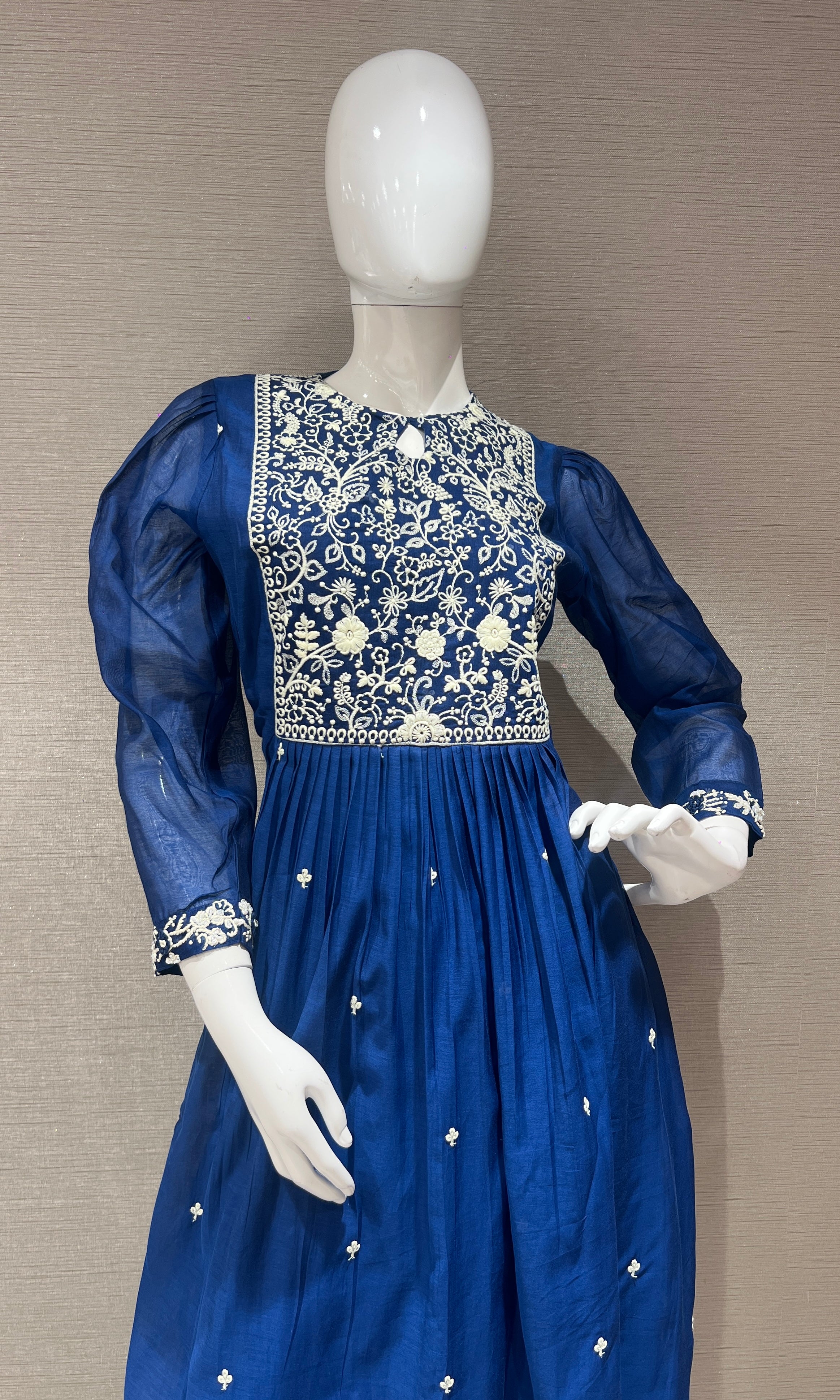 Blue embroidered mul Chanderi Anarkali kurta set