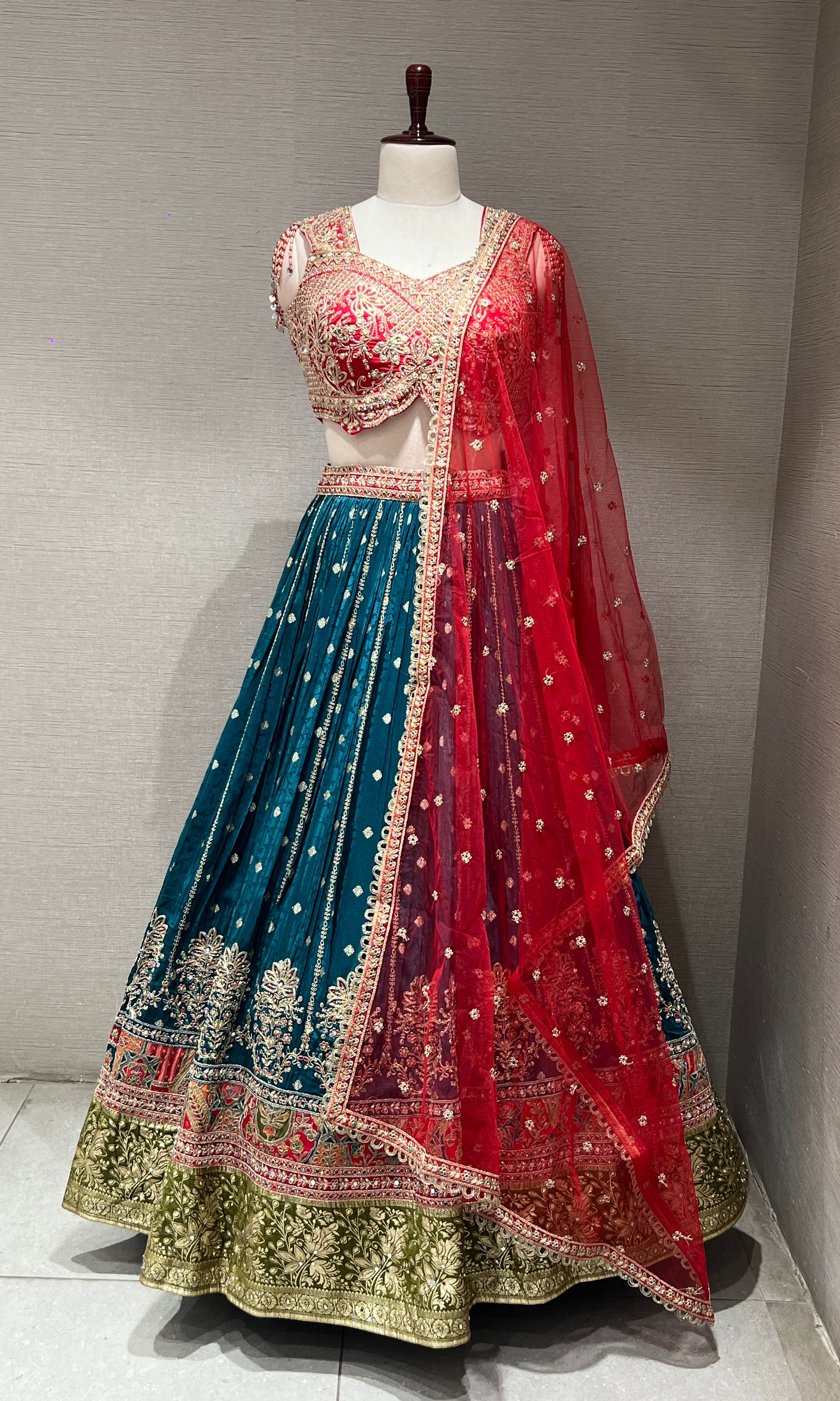 RED MULTI GOLDEN EMBROIDERED LEHENGA