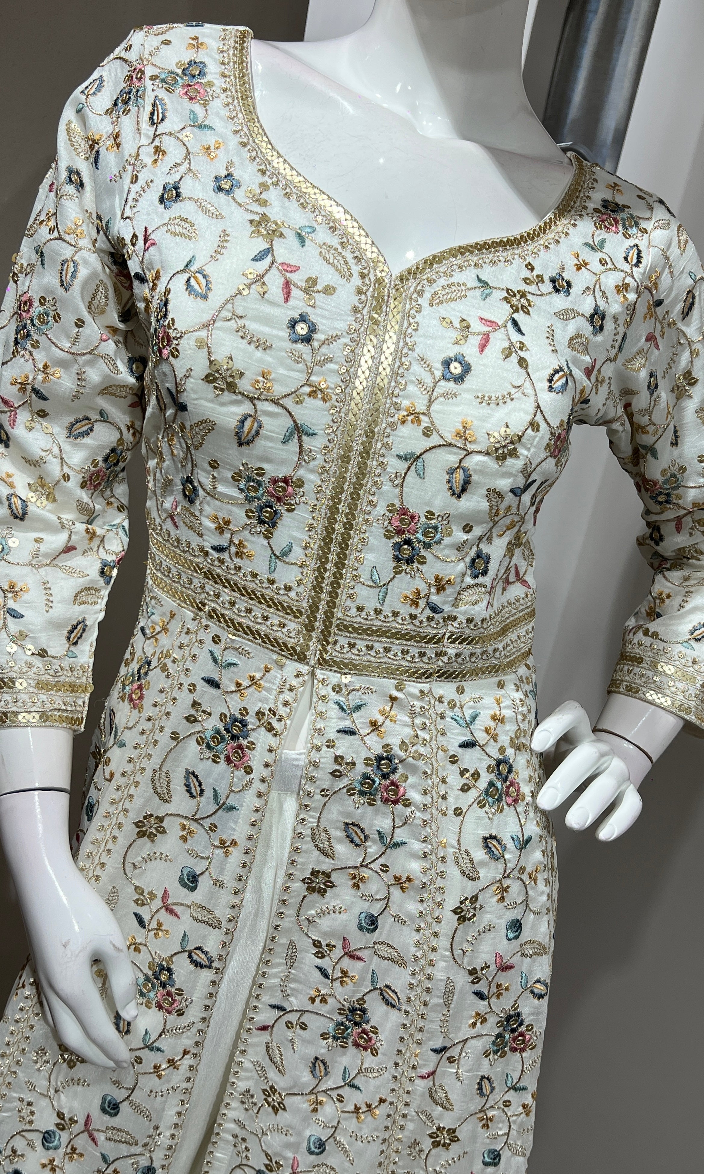 White EMBROIDERED FRONT SLIT ANARKALI SET