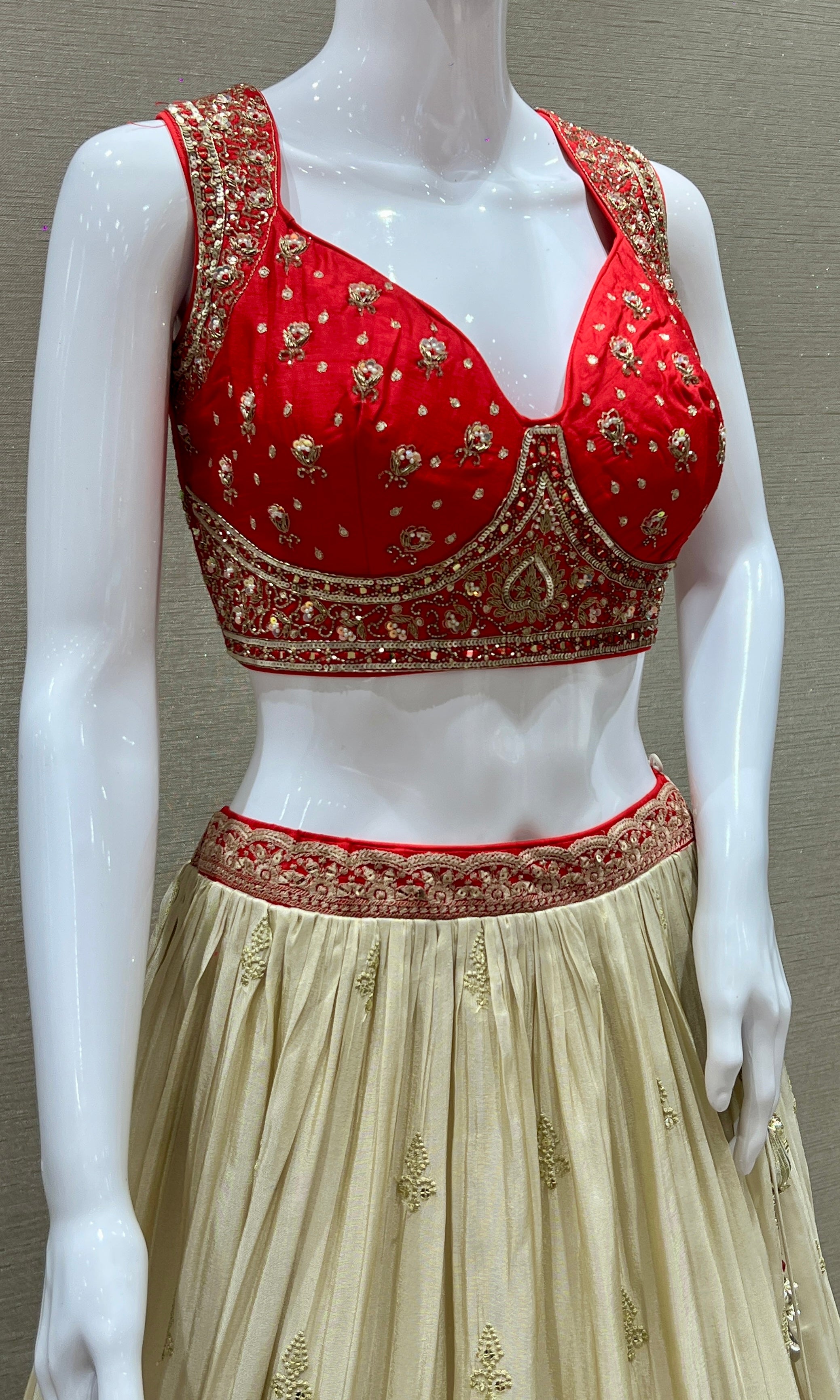 RED AND CREAM EMBROIDERED LEHENGA
