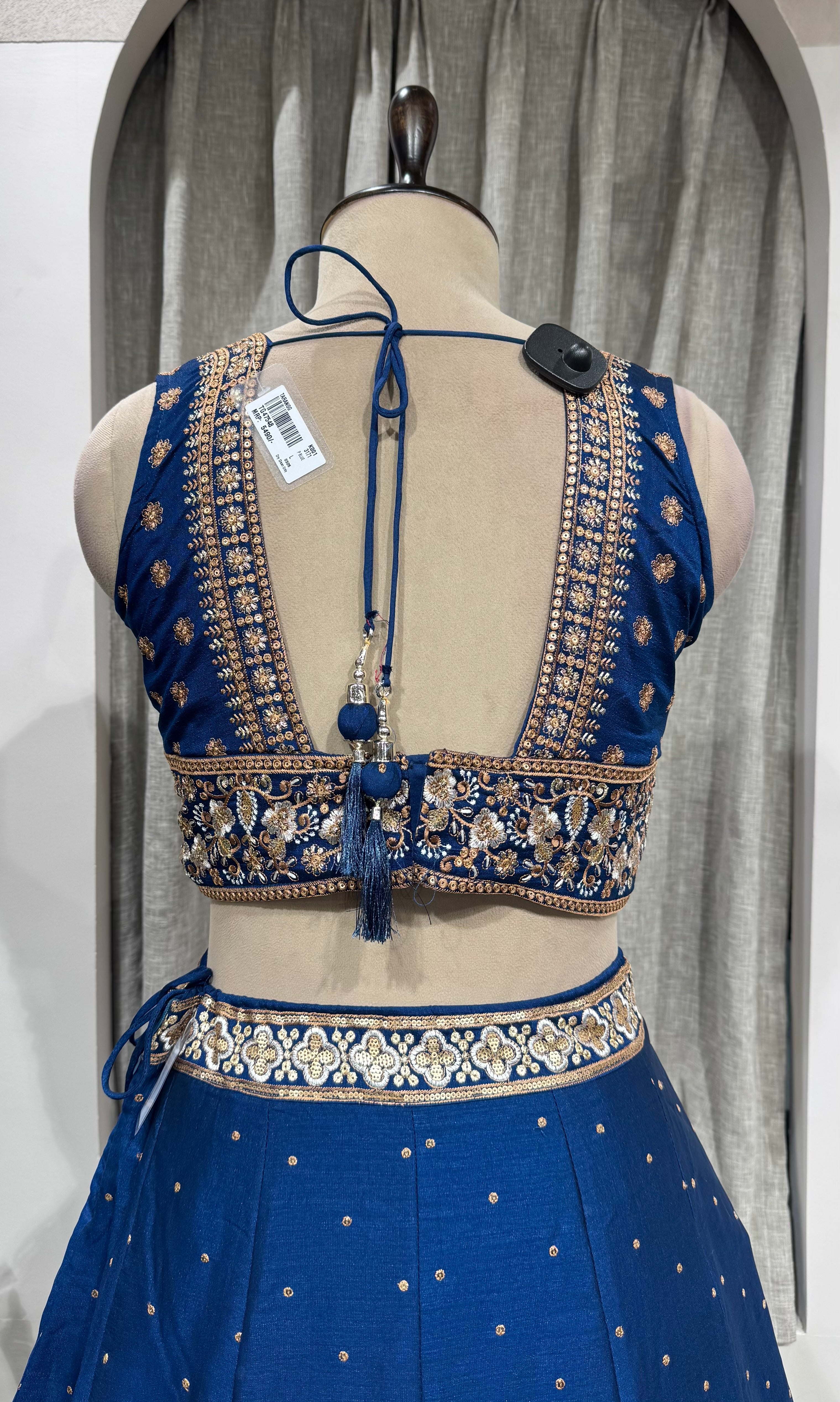 blue intricate silver & gold embroidery Lehenga