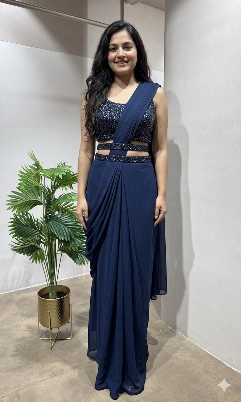 navy blue pre-draped saree with blouse & belt