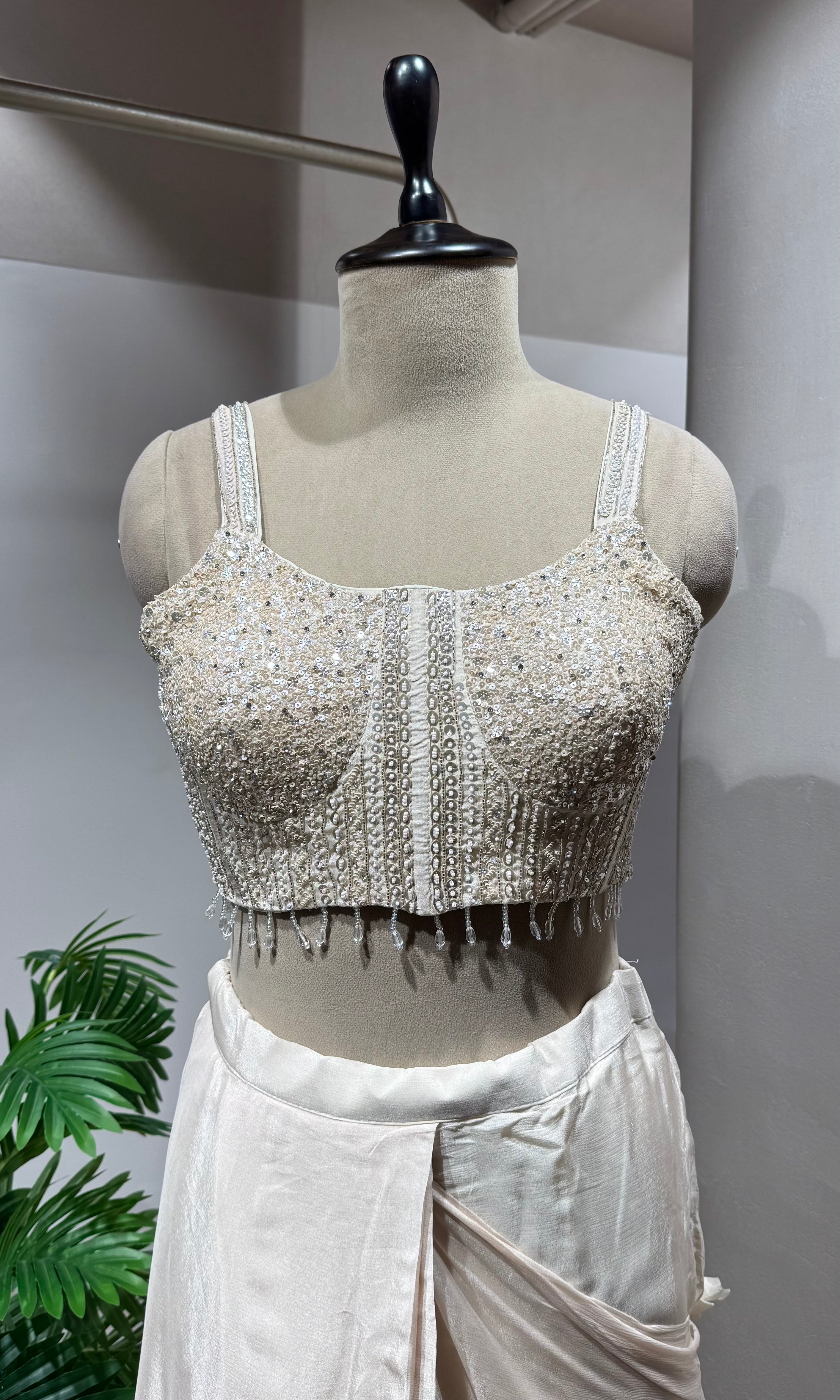 Cream Satin Drape Saree with Sequin Blouse