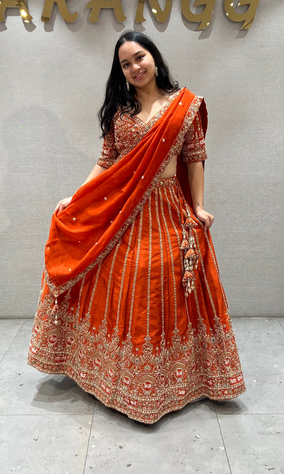 Bright Orange Embroidered Lehenga Choli Set