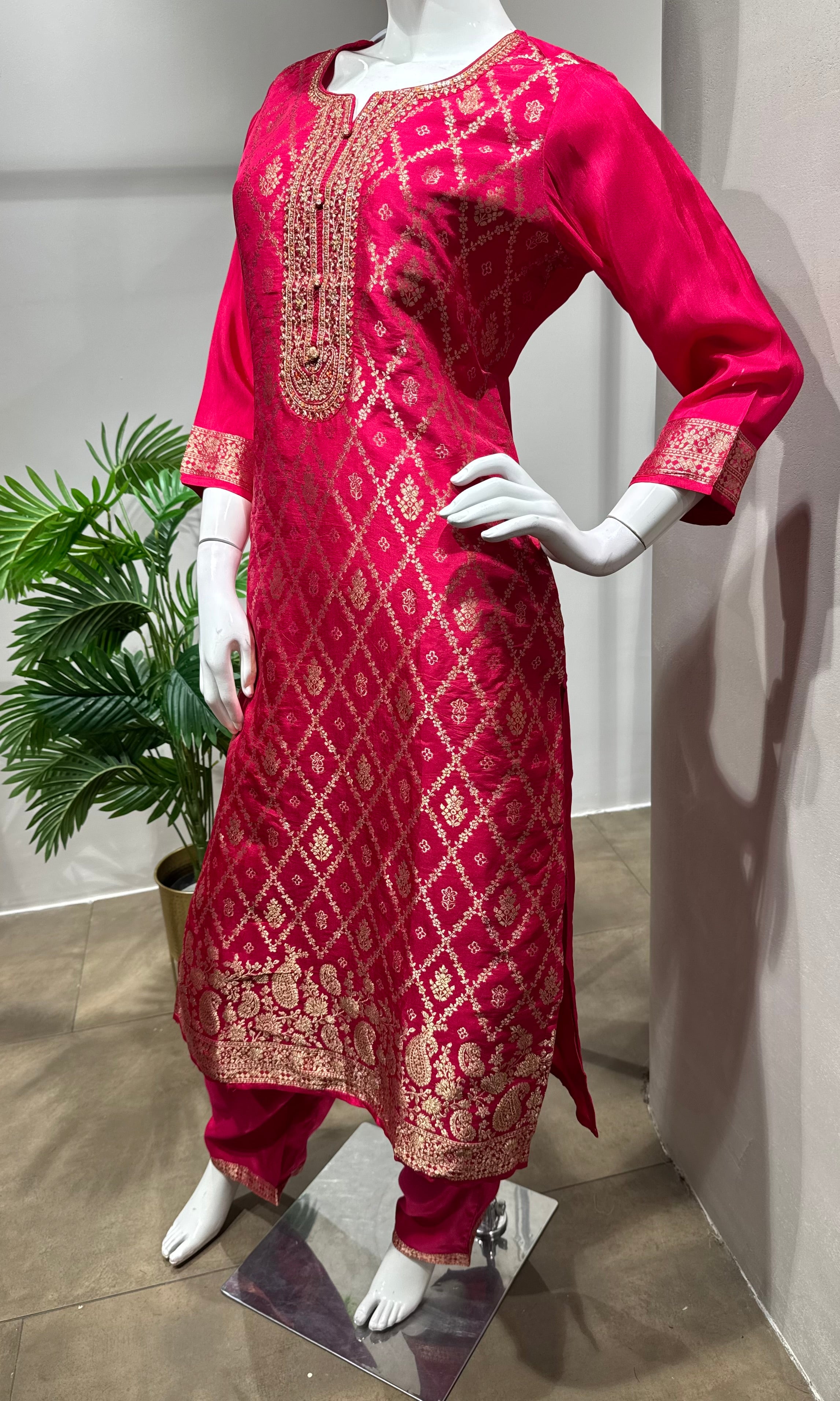 Pink Woven Design Silk KURTA Suit with Dupatta