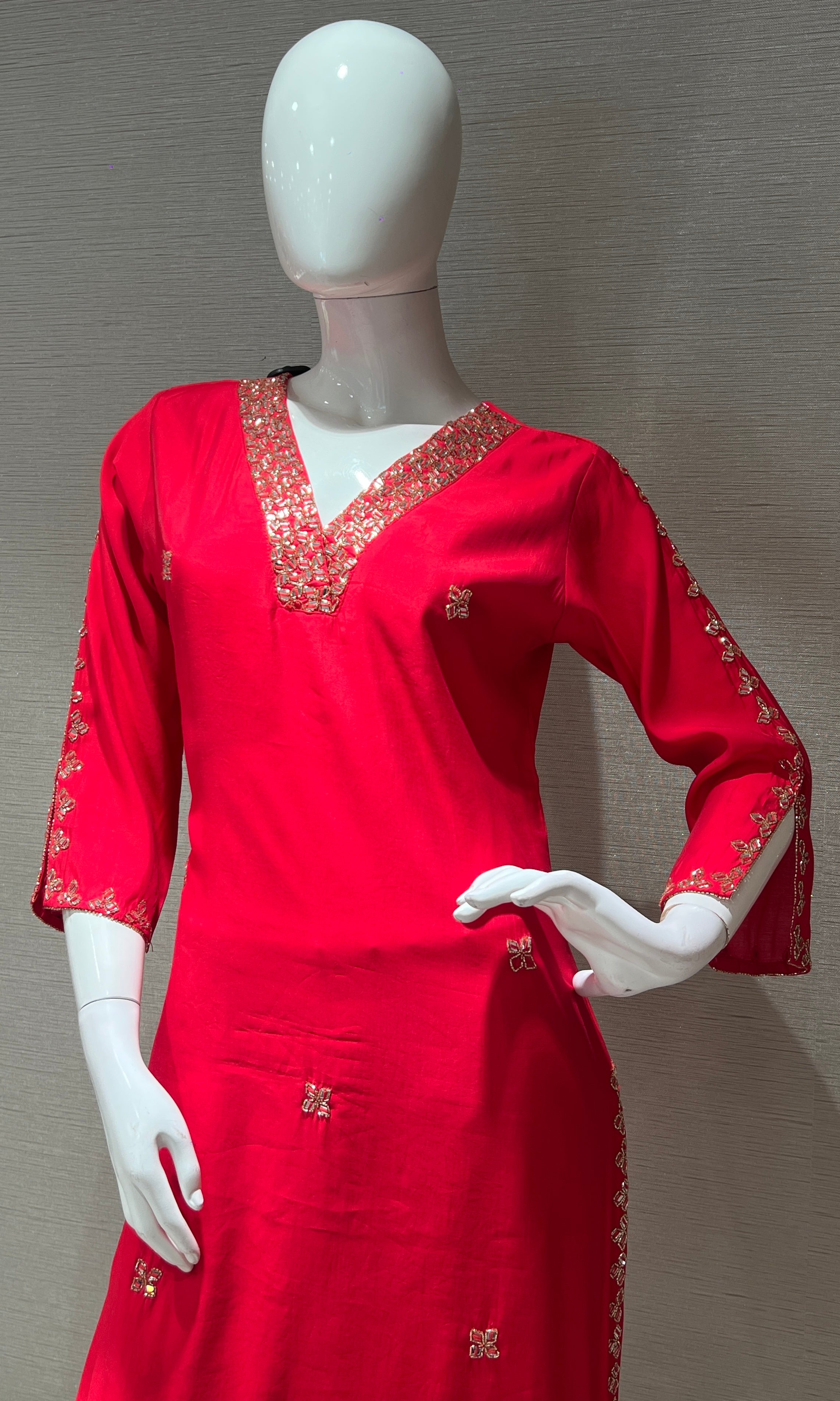 pink embroidered kurta set with striped dupatta