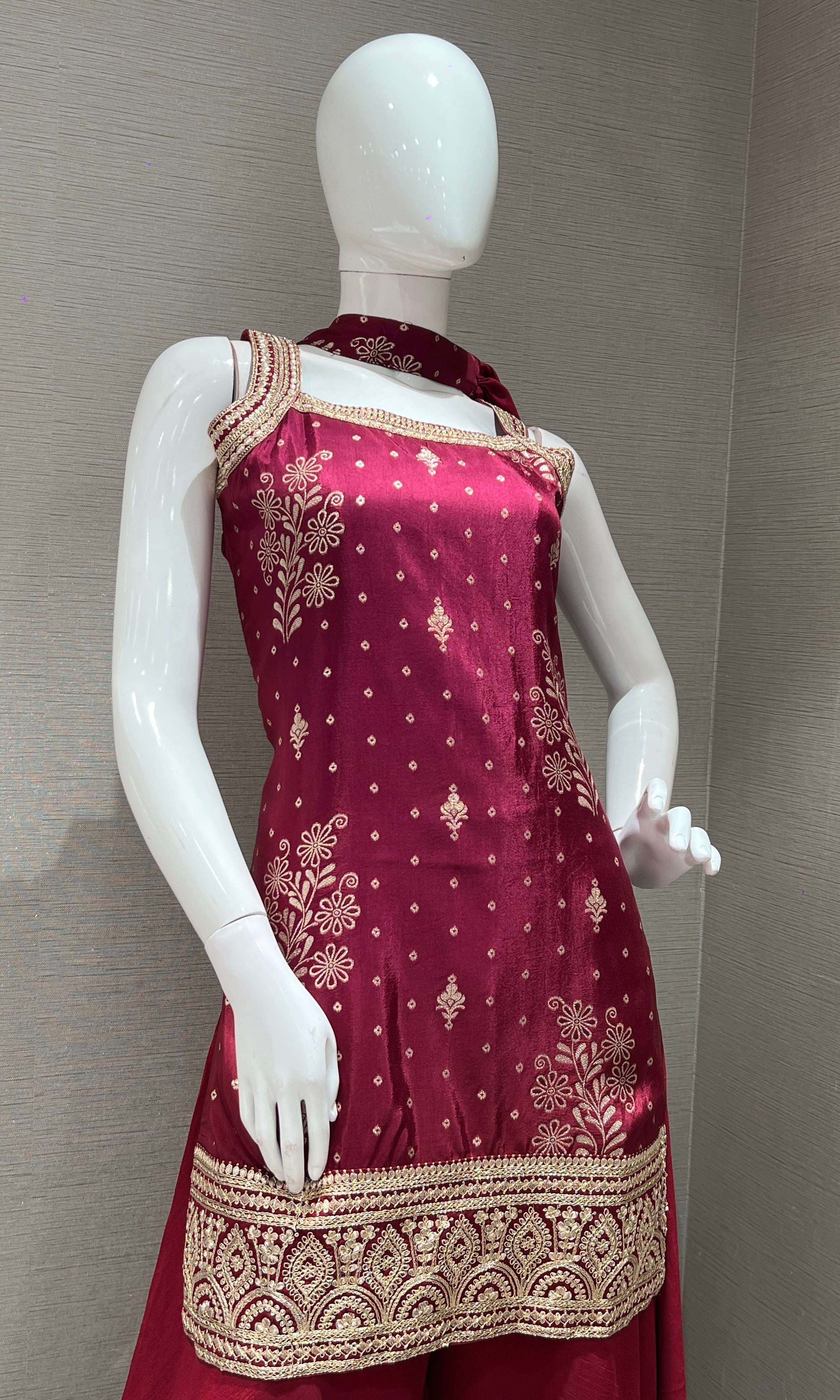 Wine GOLD EMBROIDERED SHARARA SET