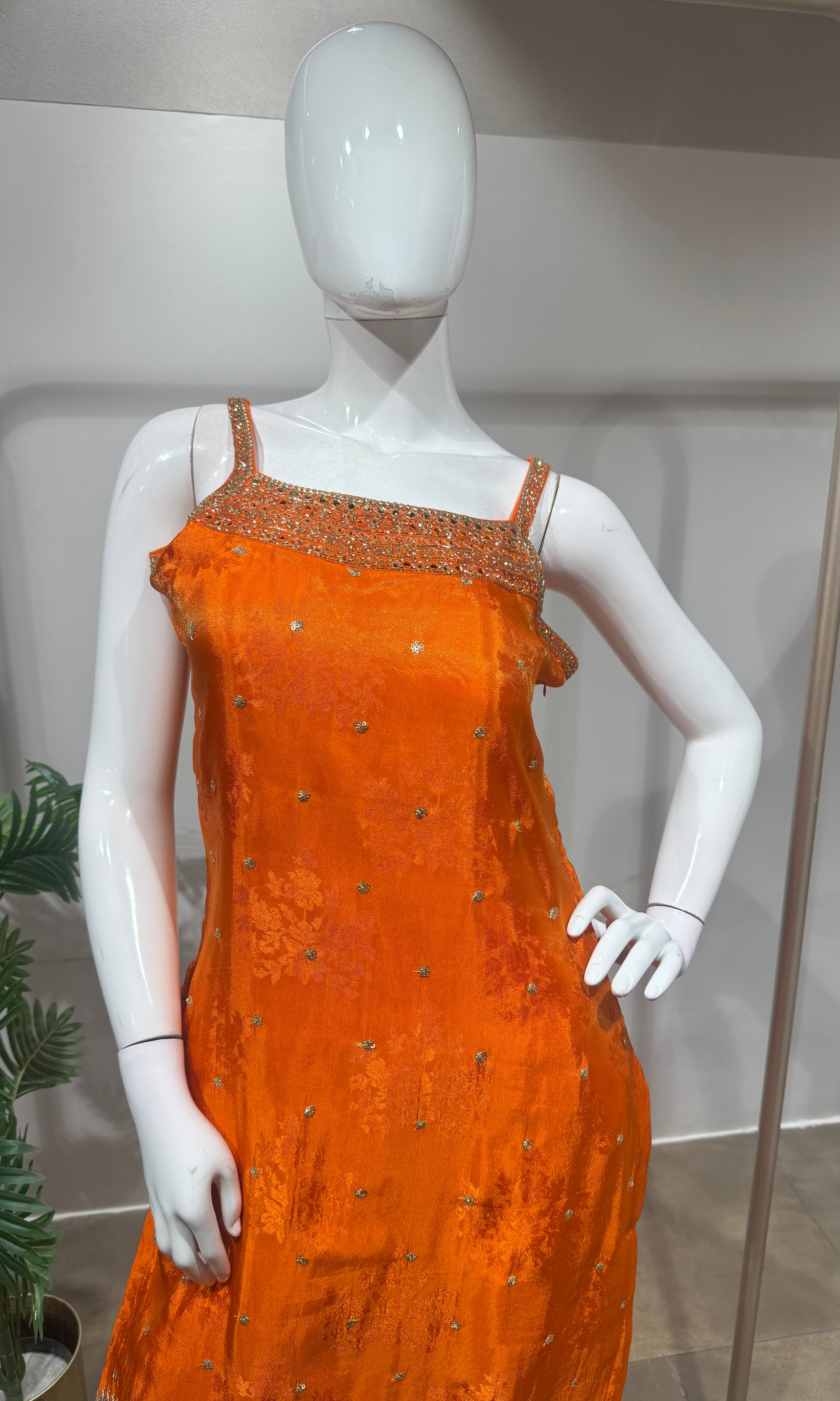 Orange silk golden kurta set